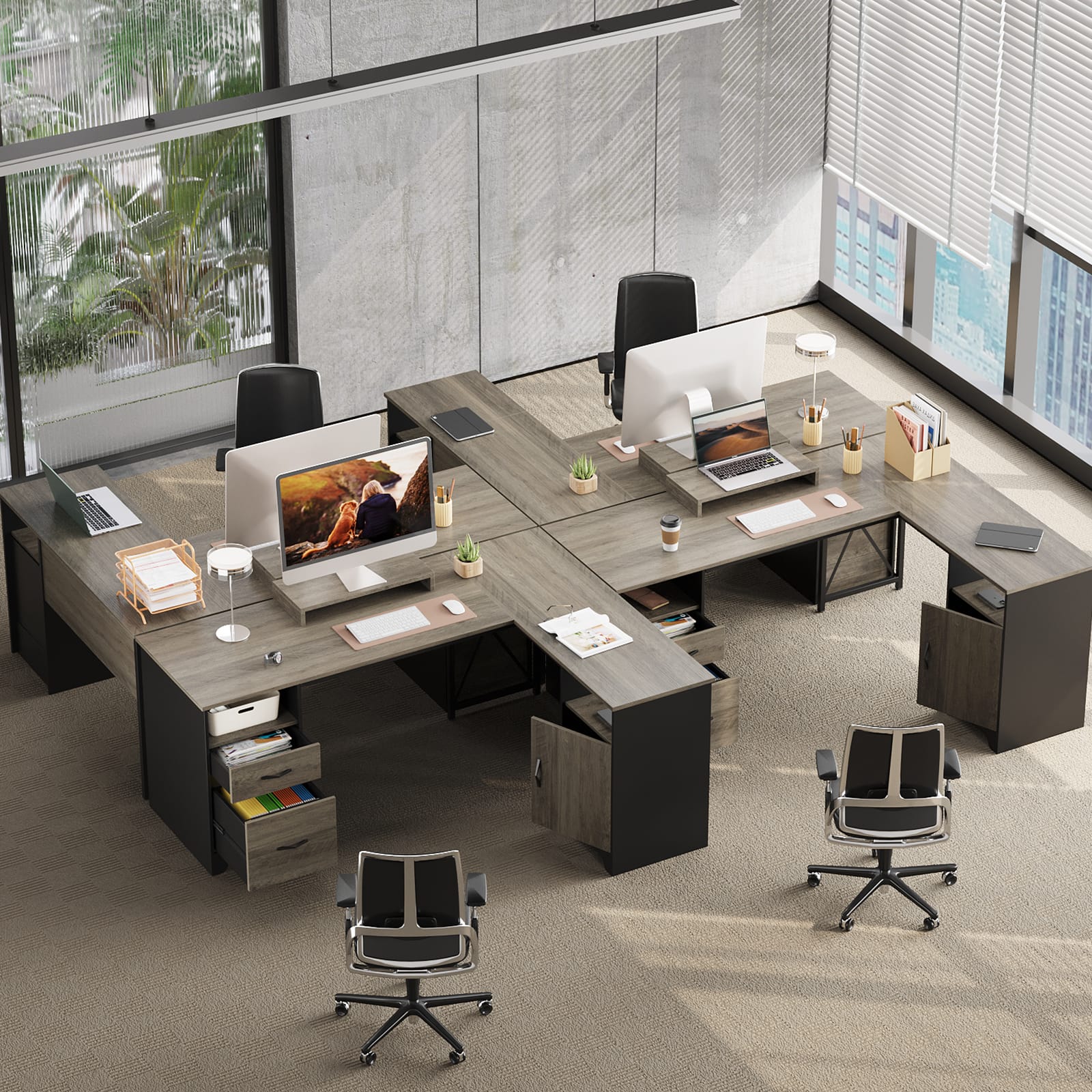 Left. Bestier - 63inch L Shaped Computer Desk with File Drawers with Storage Cabinet for Home Office - Gray.