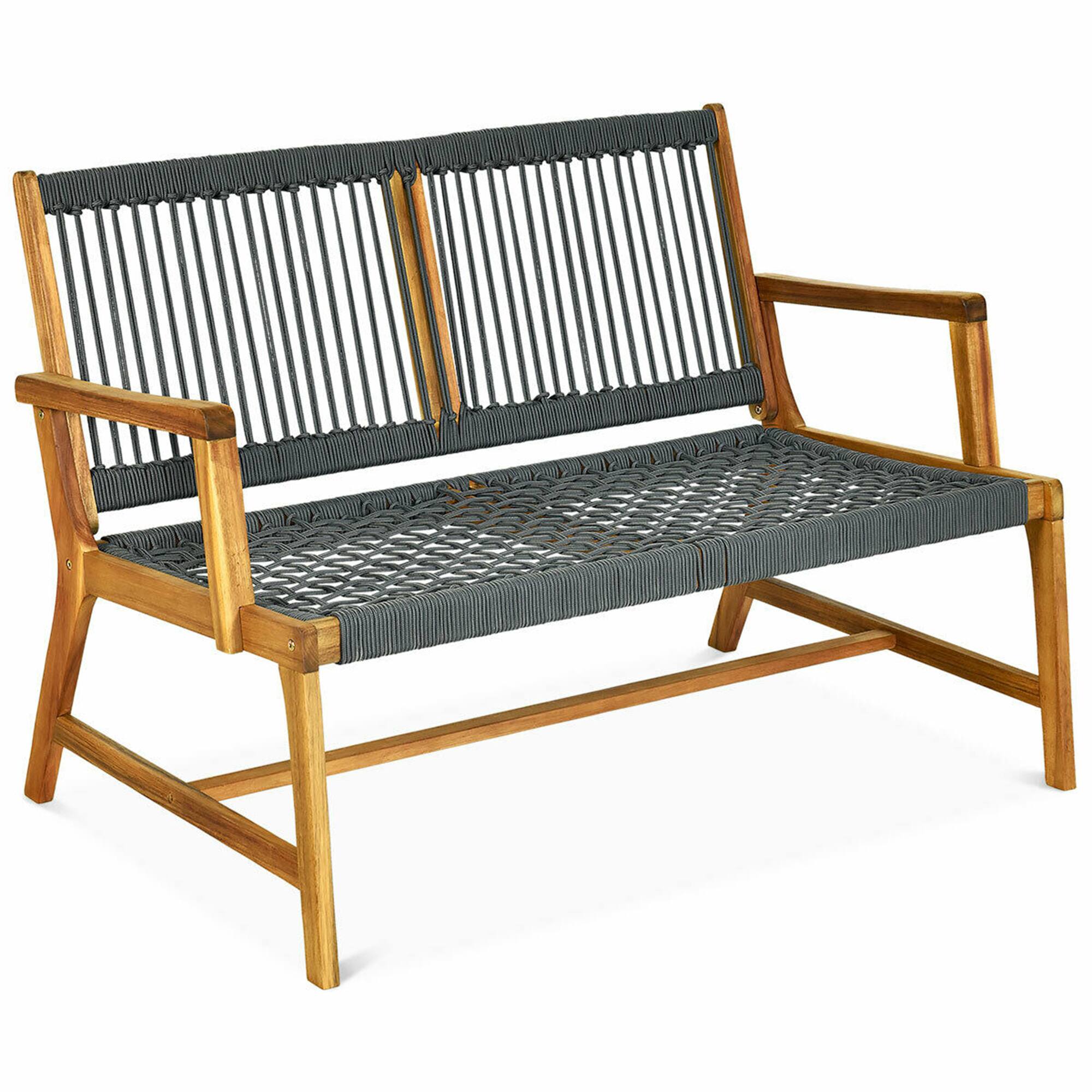 Alt View 4. Gymax - Gymax Wooden Rope Bench Loveseat Patio Garden Outdoor w/ Armrest & Backrest - as pic.