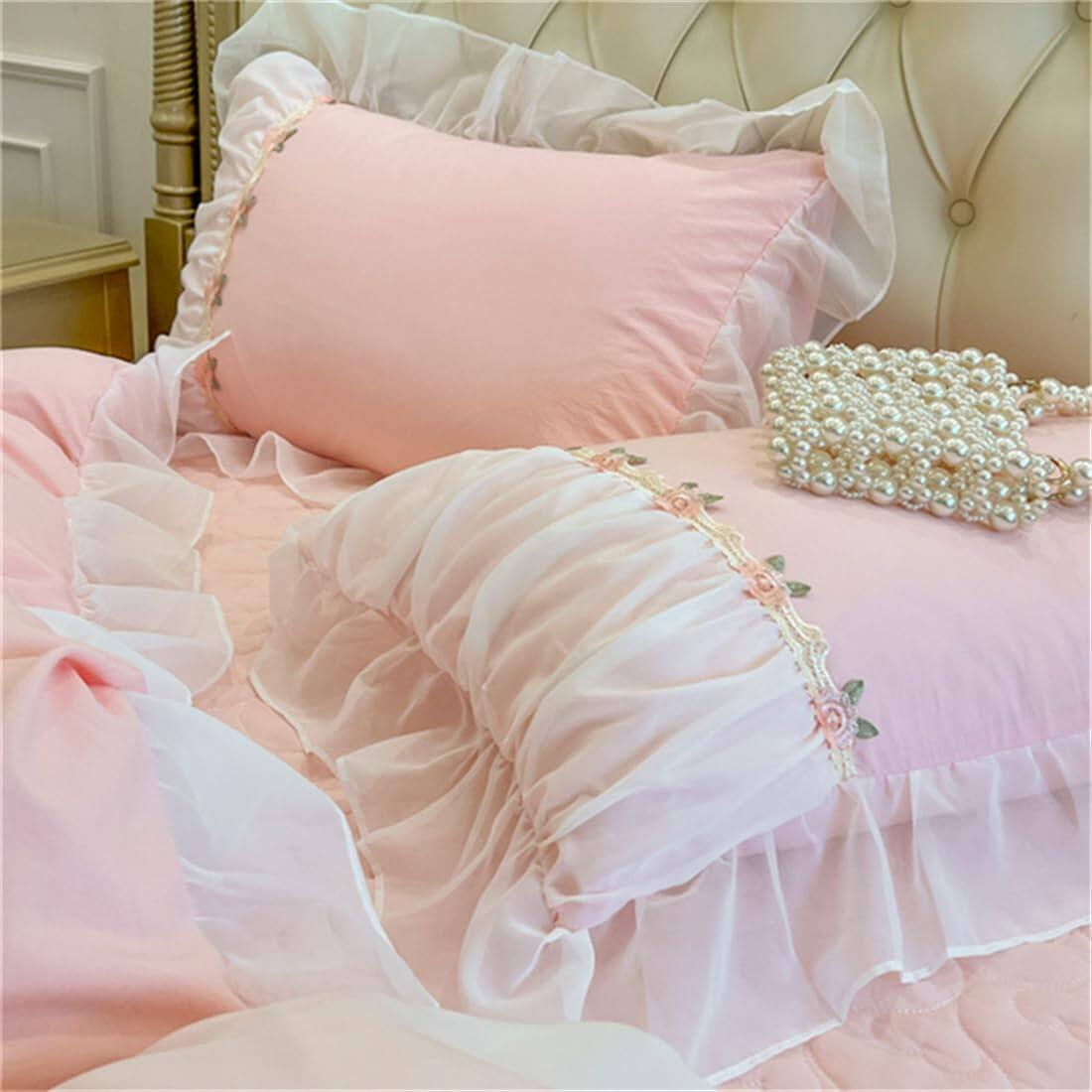 Back. Comfort Essence - Beddingromantic Ruffle Lace Bedding Set 2 Piece Comforter Duvet Cover With Zipper Closure Coquette Room - Pink-Twin.