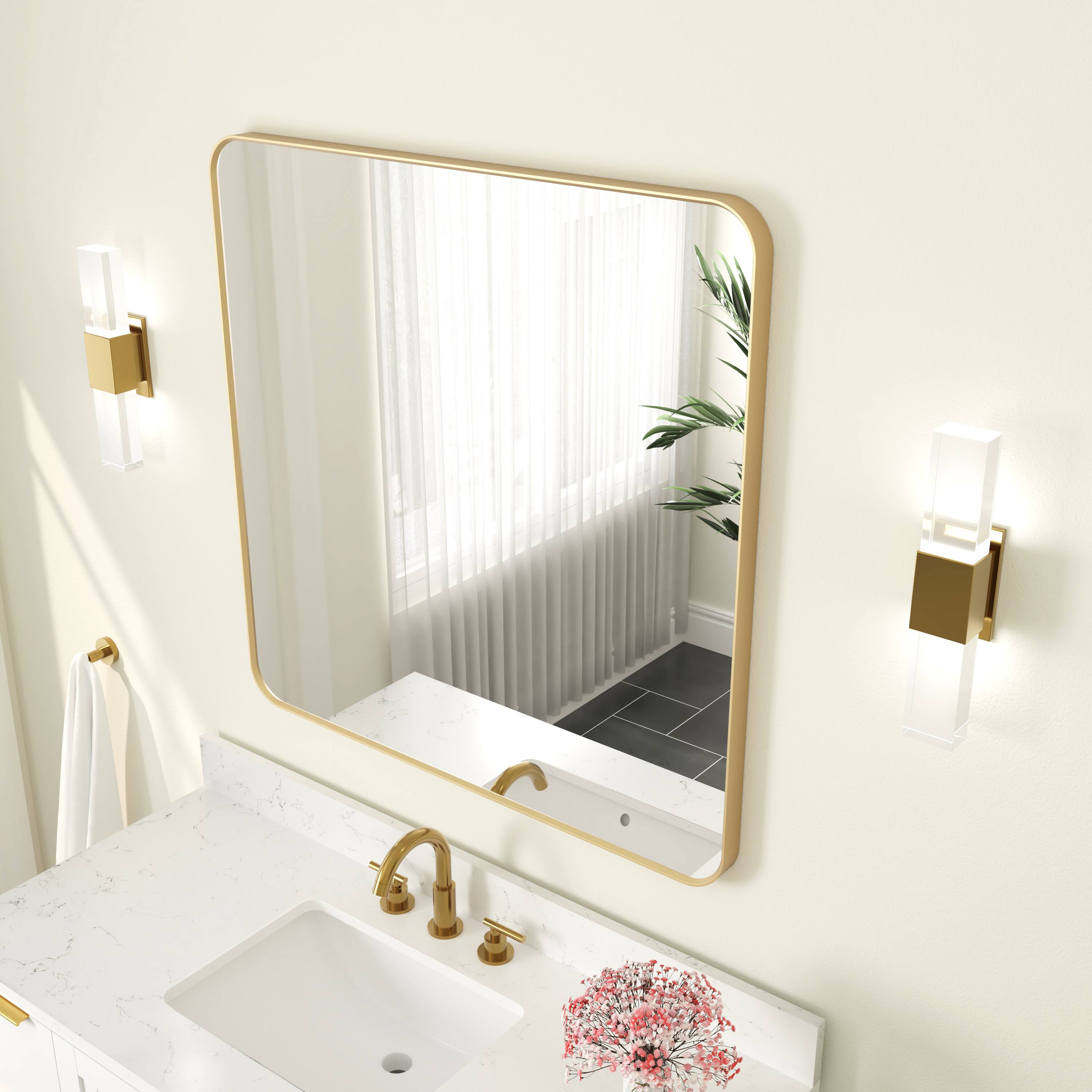 Angle. WELLFOR - 36 in. W. x 36 in. H Square Aluminum Framed Wall-Mounted Bathroom Vanity Mirror - Brushed Gold.
