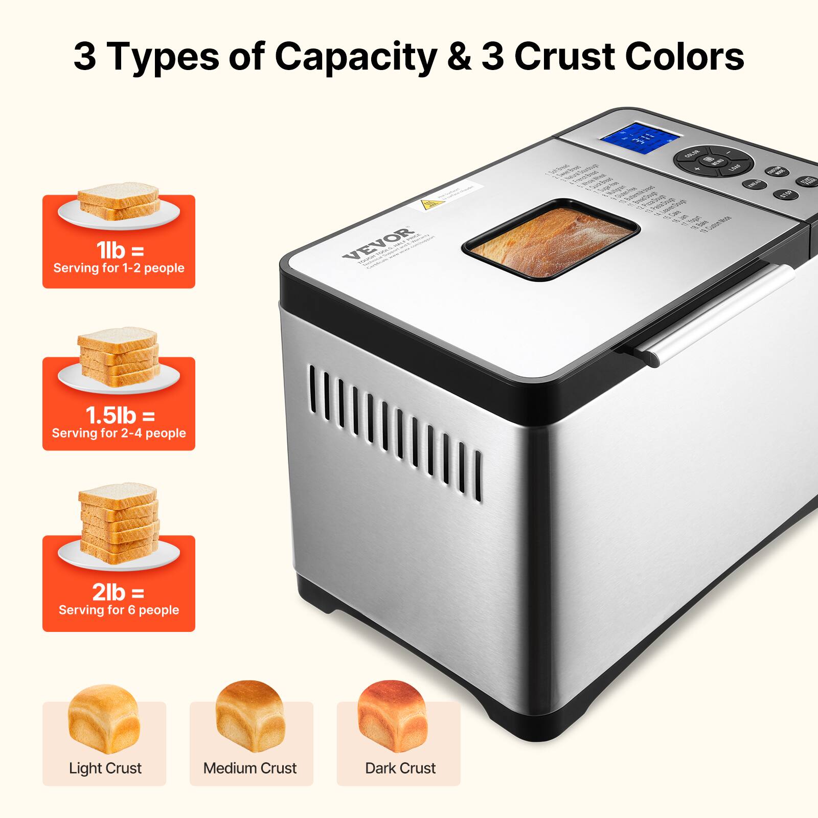 3 Types of Capacity & 3 Crust Colors

1lb = Serving for 1-2 people

1.5lb = Serving for 2-4 people

2lb = Serving for 6 people

Light Crust

Medium Crust

Dark Crust