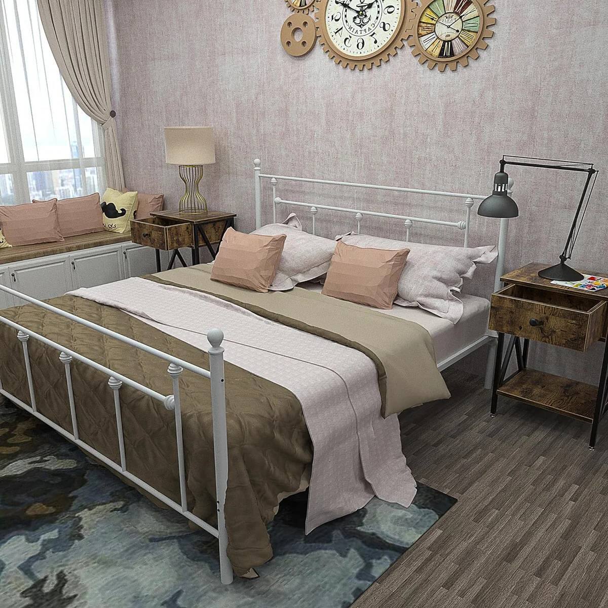 Angle. SlickBlue - Vintage Metal Platform Bed Frame with Headboard and Footboard - White.