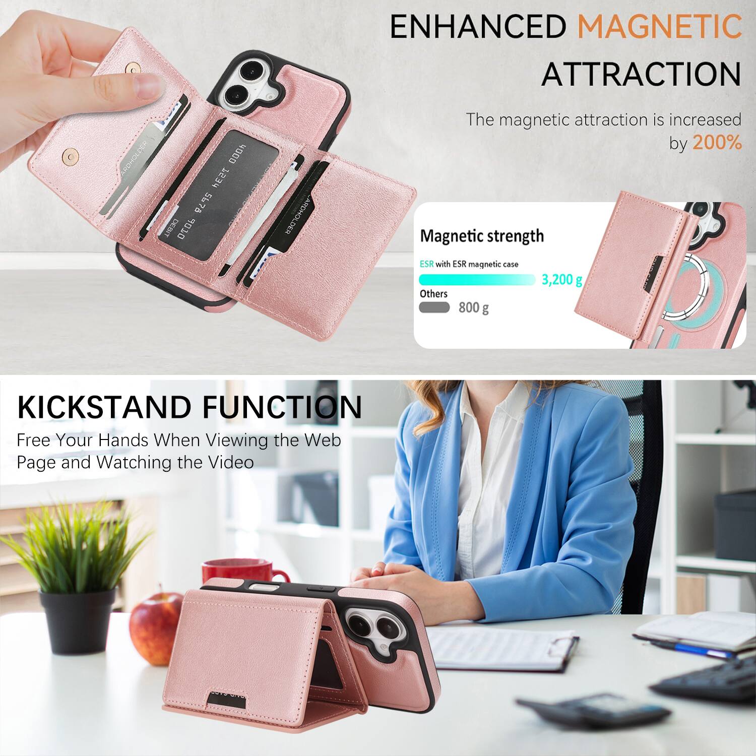 ENHANCED MAGNETIC ATTRACTION

The magnetic attraction is increased by 200%

Magnetic strength
- ESR with ESR magnetic case: 3,200 g
- Others: 800 g

KICKSTAND FUNCTION

Free Your Hands When Viewing the Web Page and Watching the Video