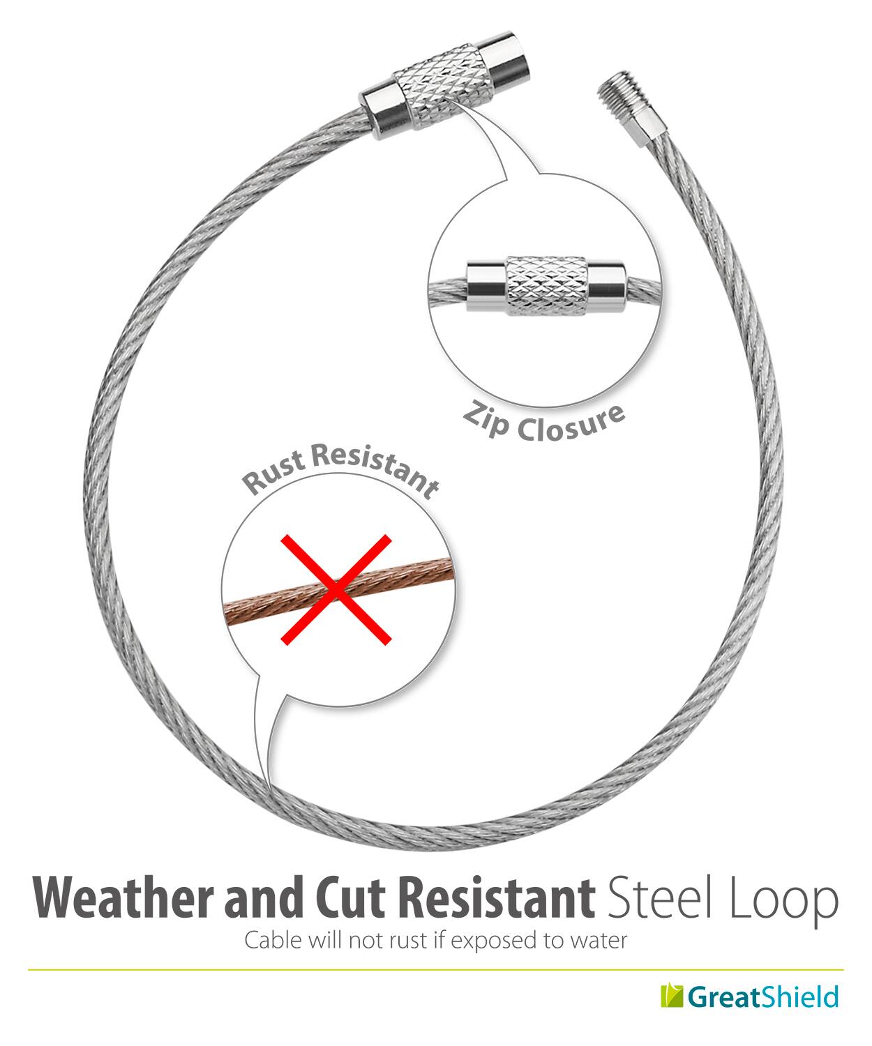 Weather and Cut Resistant Steel Loop, Zip Closure, Rust Resistant, Cable will not rust if exposed to water, GreatShield