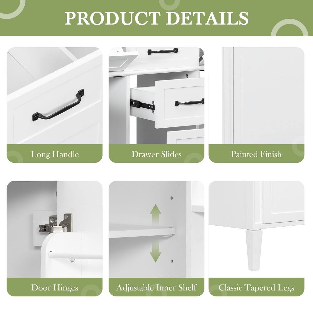 PRODUCT DETAILS
- Long Handle
- Drawer Slides
- Painted Finish
- Door Hinges
- Adjustable Inner Shelf
- Classic Tapered Legs