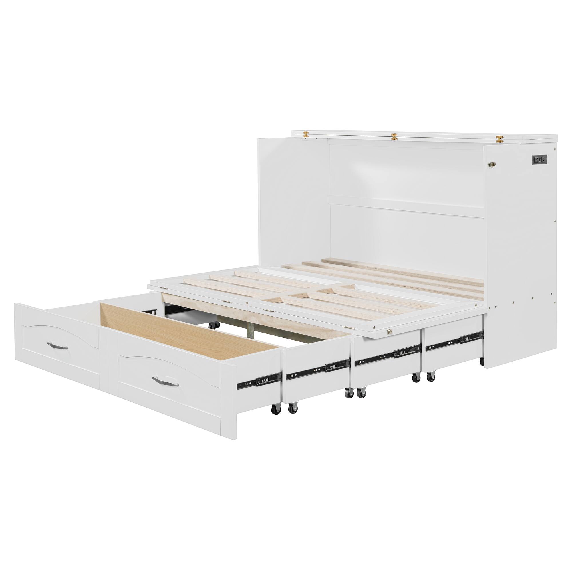Alt View 2. Tiramisubest - Queen Size White Murphy Wall Bed, Solid Wood+MDF, Pulley, Drawer & Sockets/USB, Space-Saving - White.