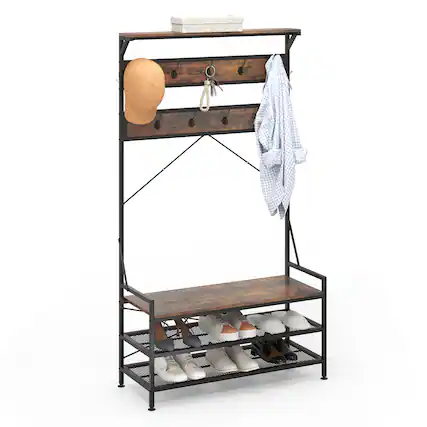 Front. Costway - Costway Coat Rack 4-In-1 Hall Tree with 11 Hanging Hooks, Shoe Bench, 2-Tier Shoe Rack, Brown - Brown.