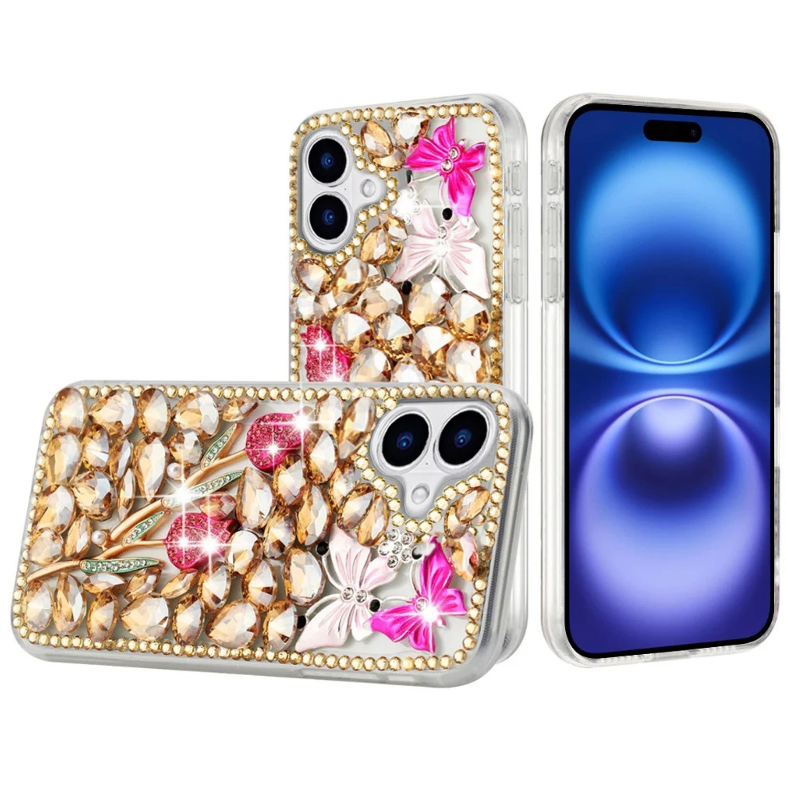 Kitcheniva - Full Diamond Bling 3D Jewel Case With Tempered Glass For iPhone 17 - Gold Garden price history on PriceWatchPro