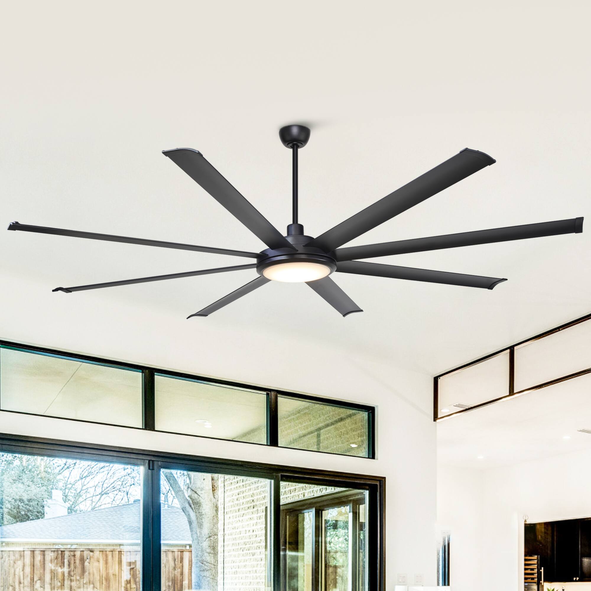 Angle. Parrot Uncle - 75-inch Black Industrial Extra Large Commercial HVLS LED Ceiling Fan with 8 Aluminum Blades and Remote Control - Black.