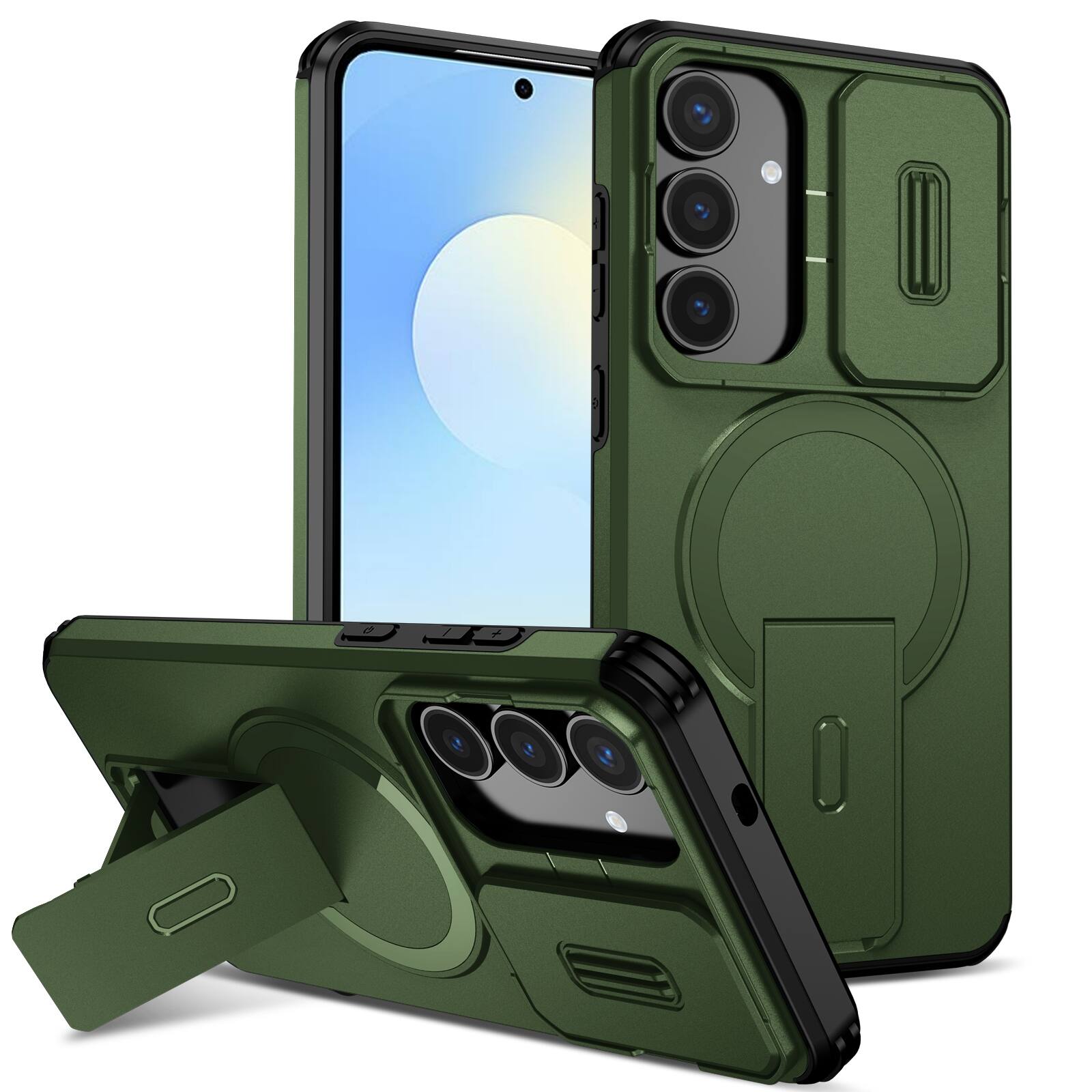 Front. UUCOVER - Magnetic Case for Samsung Galaxy S25 FE Shockproof TPU+PC Case Compatible with MagSafe Stand Sliding Camera Cover - Green.