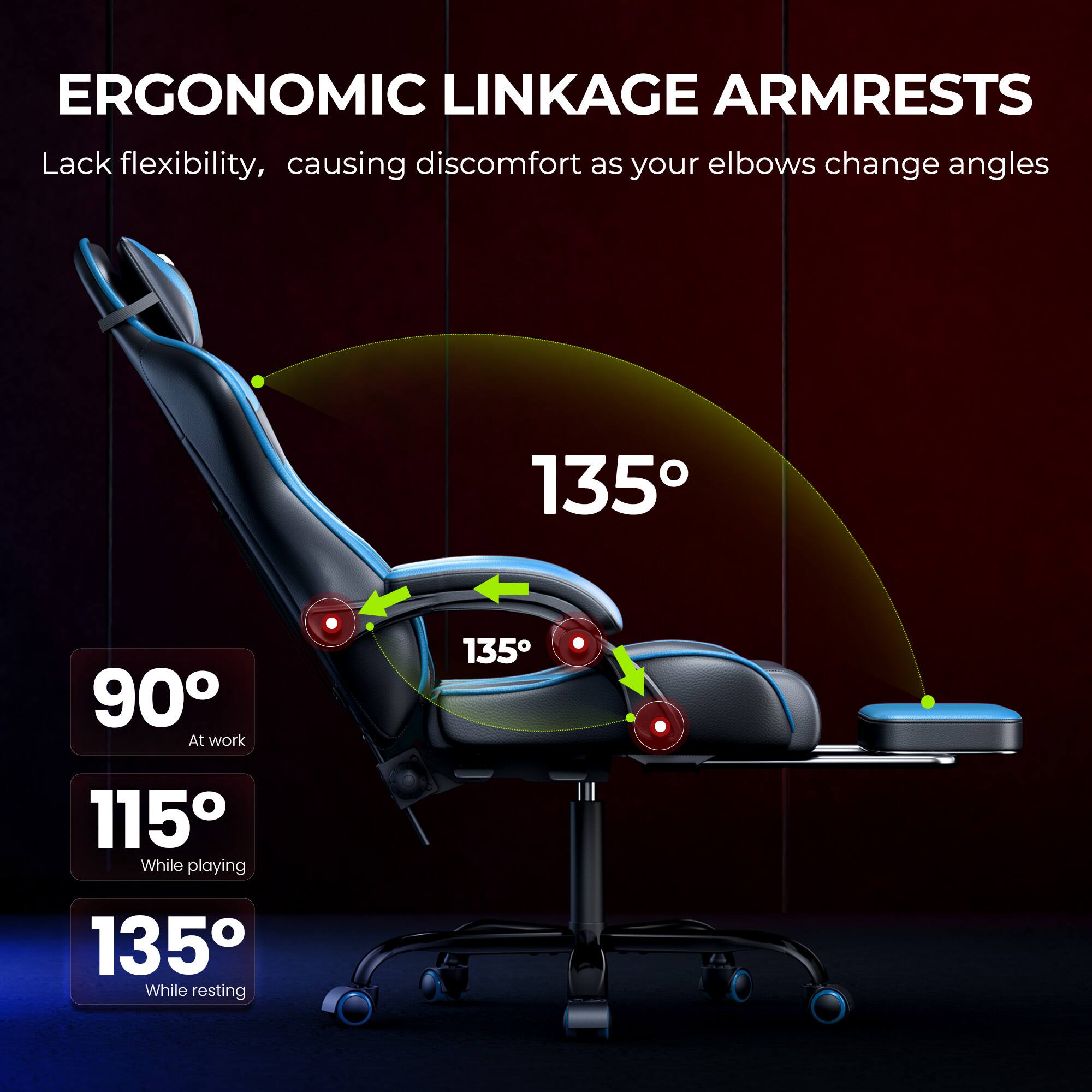 ERGONOMIC LINKAGE ARMRESTS  
Lack flexibility, causing discomfort as your elbows change angles

135°

90° At work

115° While playing

135° While resting