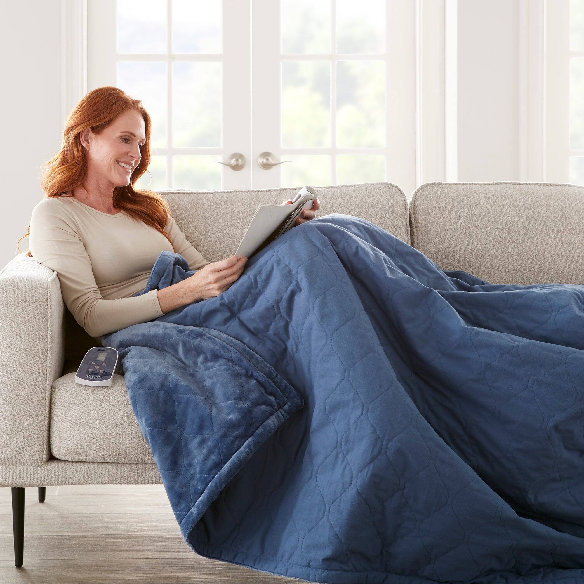 Left. Shavel Home Products - Micro Flannel Reverse to Ultra Velvet Electric Throw, One Size, Indigo - Indigo.