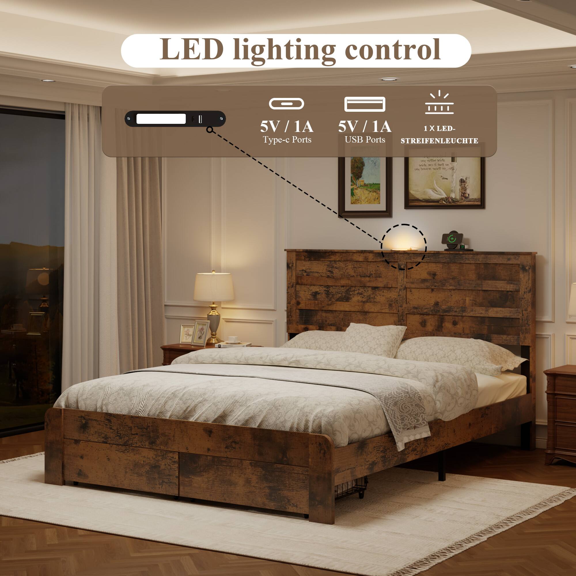 LED lighting control  
5V/1A Type-e Ports  
5V/1A USB Ports  
1 x LED-STREIFENLEUCHTE