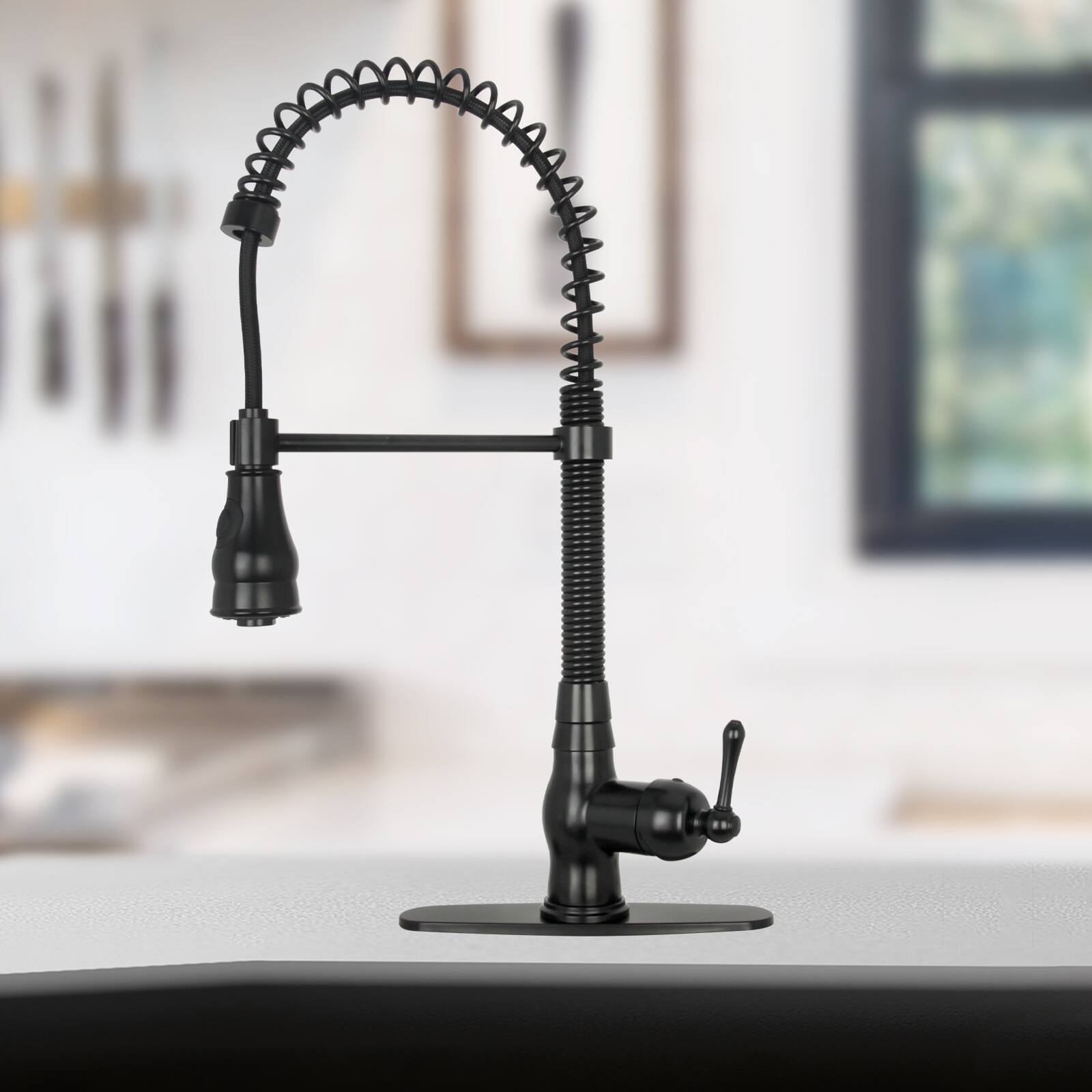 Alt View 7. Akicon - Akicon Solid Brass Pre-Rinse Spring Single Handle Kitchen Faucet with Pull Down Sprayer in Matte Black - Matte Black.