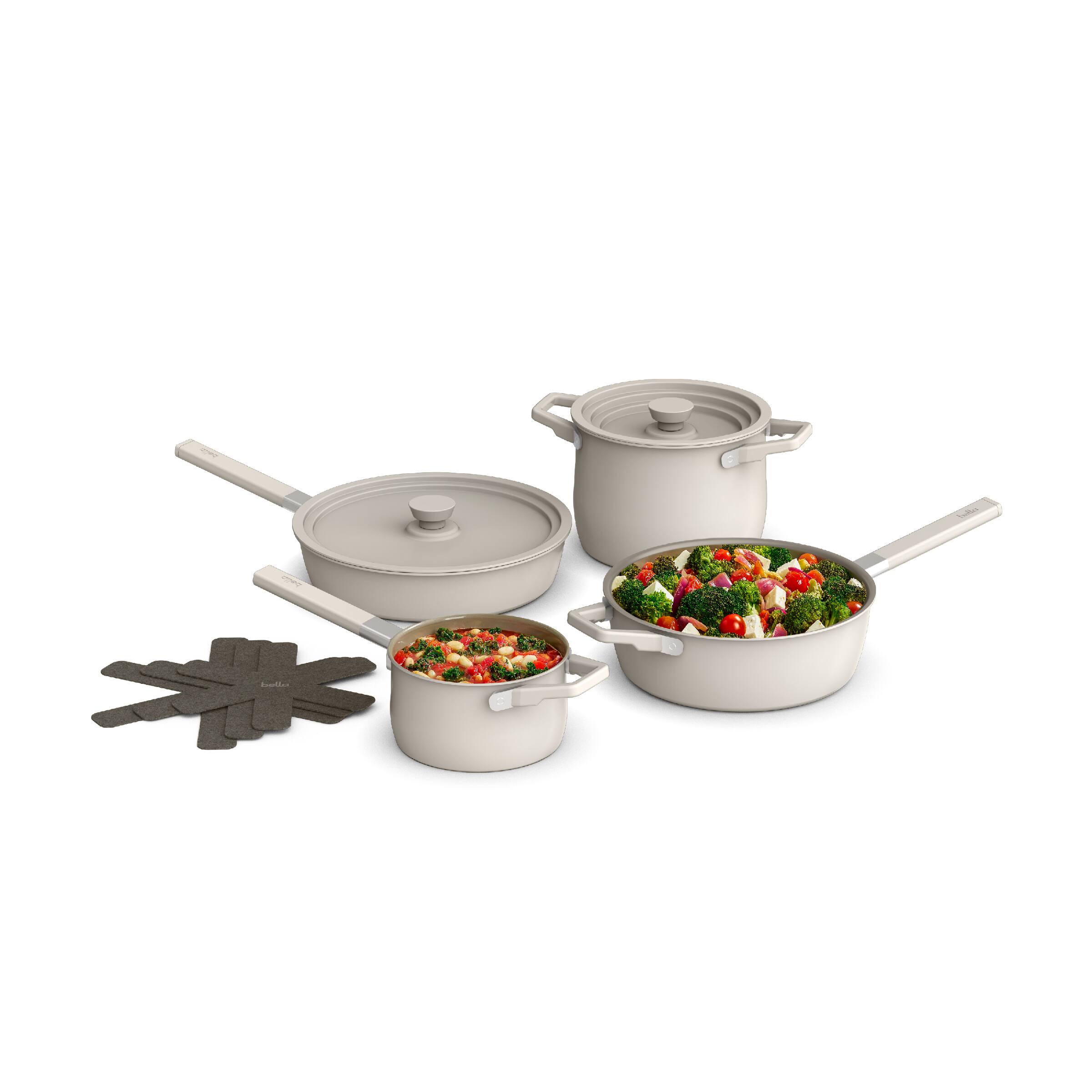 Front. Bella - Fits-anywhere Kitchenware: 9-Piece Store More Ceramic Nonstick Cookware Set - Oatmilk.