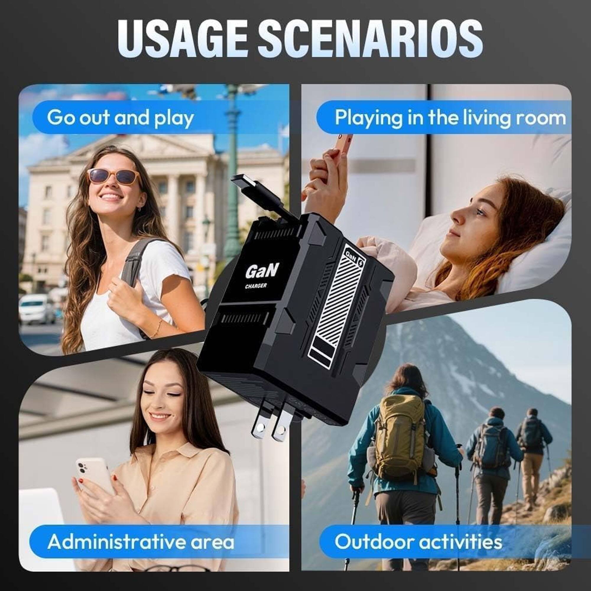 USAGE SCENARIOS

- Go out and play
- Playing in the living room
- Administrative area
- Outdoor activities