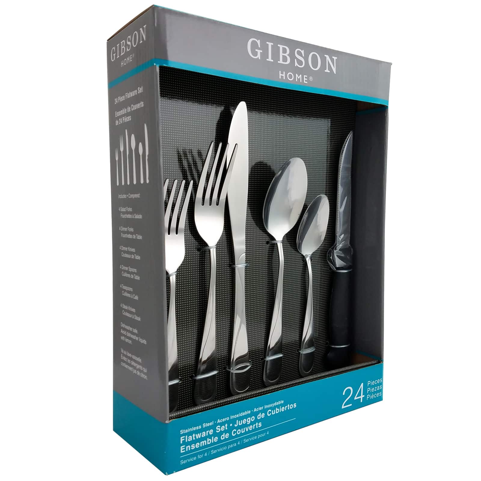 Gibson - Home Trillium Plus 24 Piece Stainless Steel Flatware Set with 4 Steak Knives - Silver