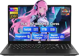 NIMO - 15.6" IPS FHD-Gaming-Laptop, 8 Cores AMD Ryzen 7 6800H 16GB DDR5 RAM 1TB SSD 4.7GHz Fingerprint 100W - Black