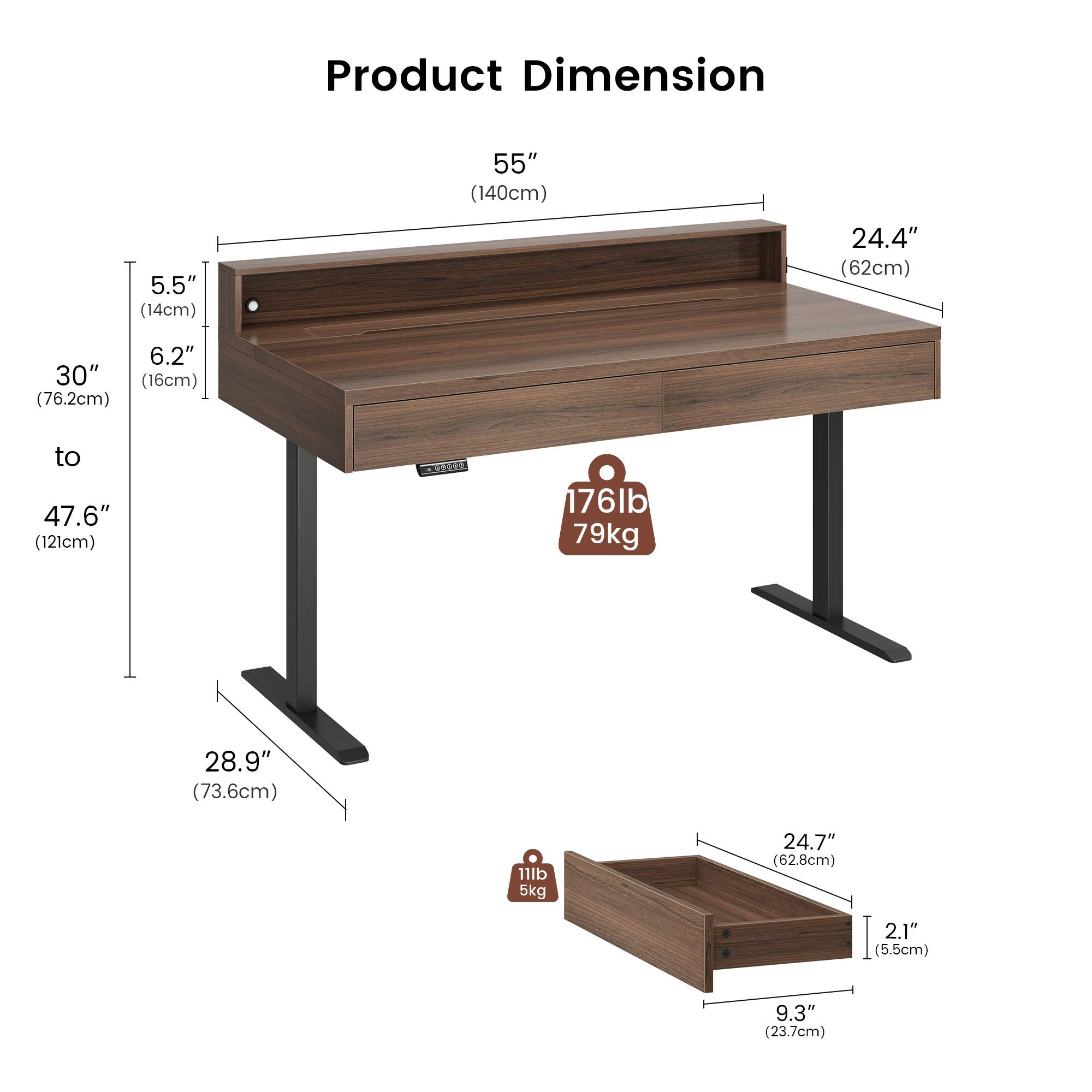 Product Dimension

- 55" (140cm)
- 5.5" (14cm)
- 24.4" (62cm)
- 6.2" (16cm)
- 30" (76.2cm) to 47.6" (121cm)
- 176lb (79kg)
- 28.9" (73.6cm)
- 11lb (5kg)
- 24.7" (62.8cm)
- 2.1" (5.5cm)
- 9.3" (23.7cm)