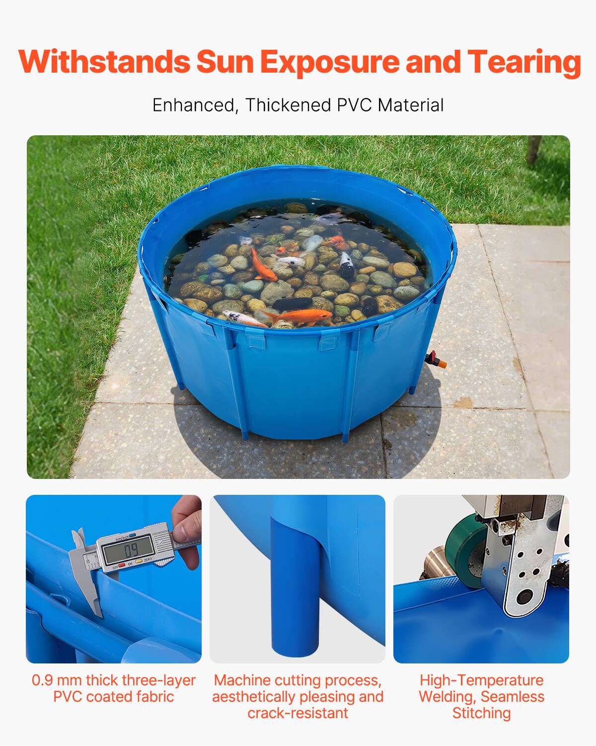 Withstands Sun Exposure and Tearing  
Enhanced, Thickened PVC Material  

0.9 mm thick three-layer PVC coated fabric  
Machine cutting process, aesthetically pleasing and crack-resistant  
High-Temperature Welding, Seamless Stitching