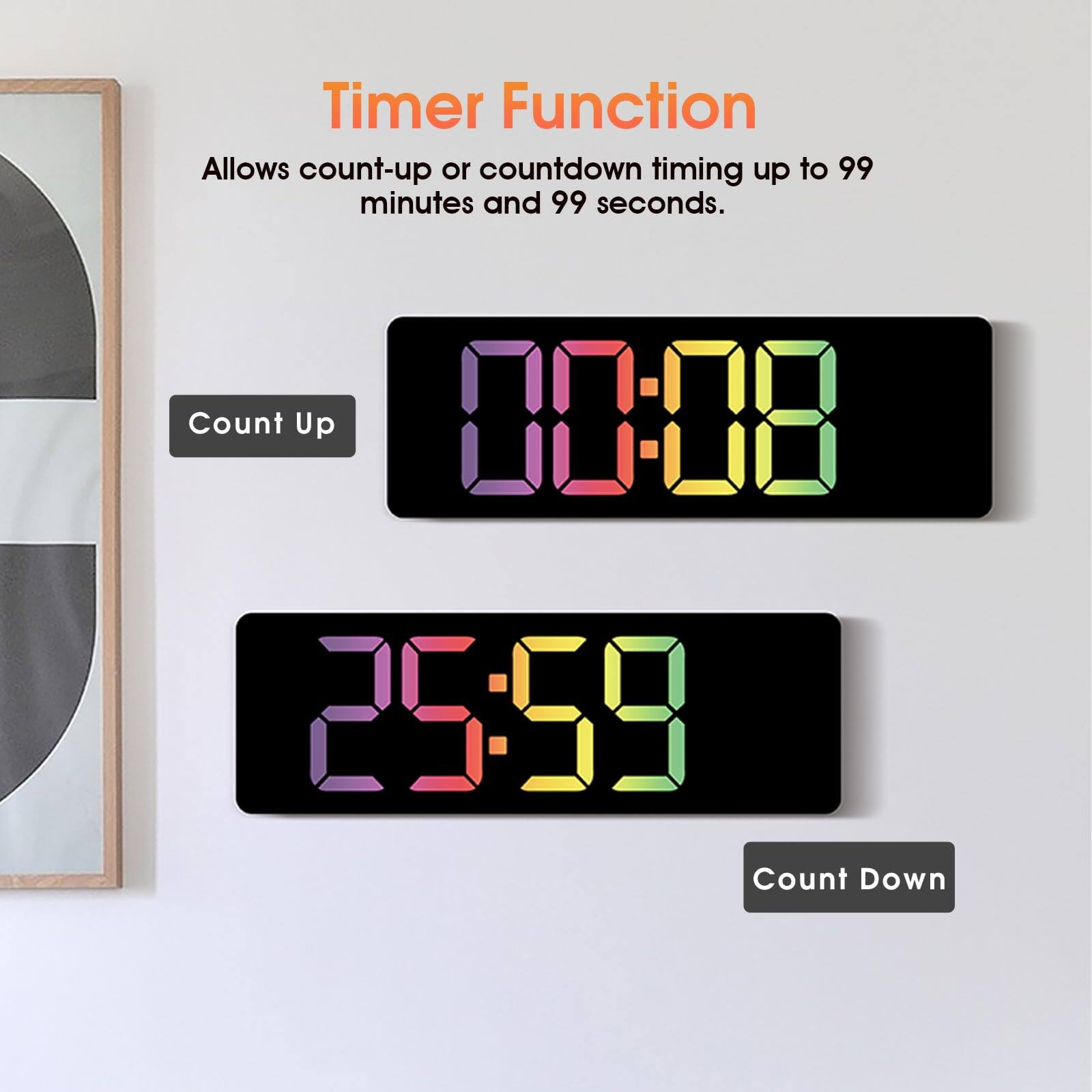 Timer Function  
Allows count-up or countdown timing up to 99 minutes and 99 seconds.

Count Up  
00:08

Count Down  
25:59