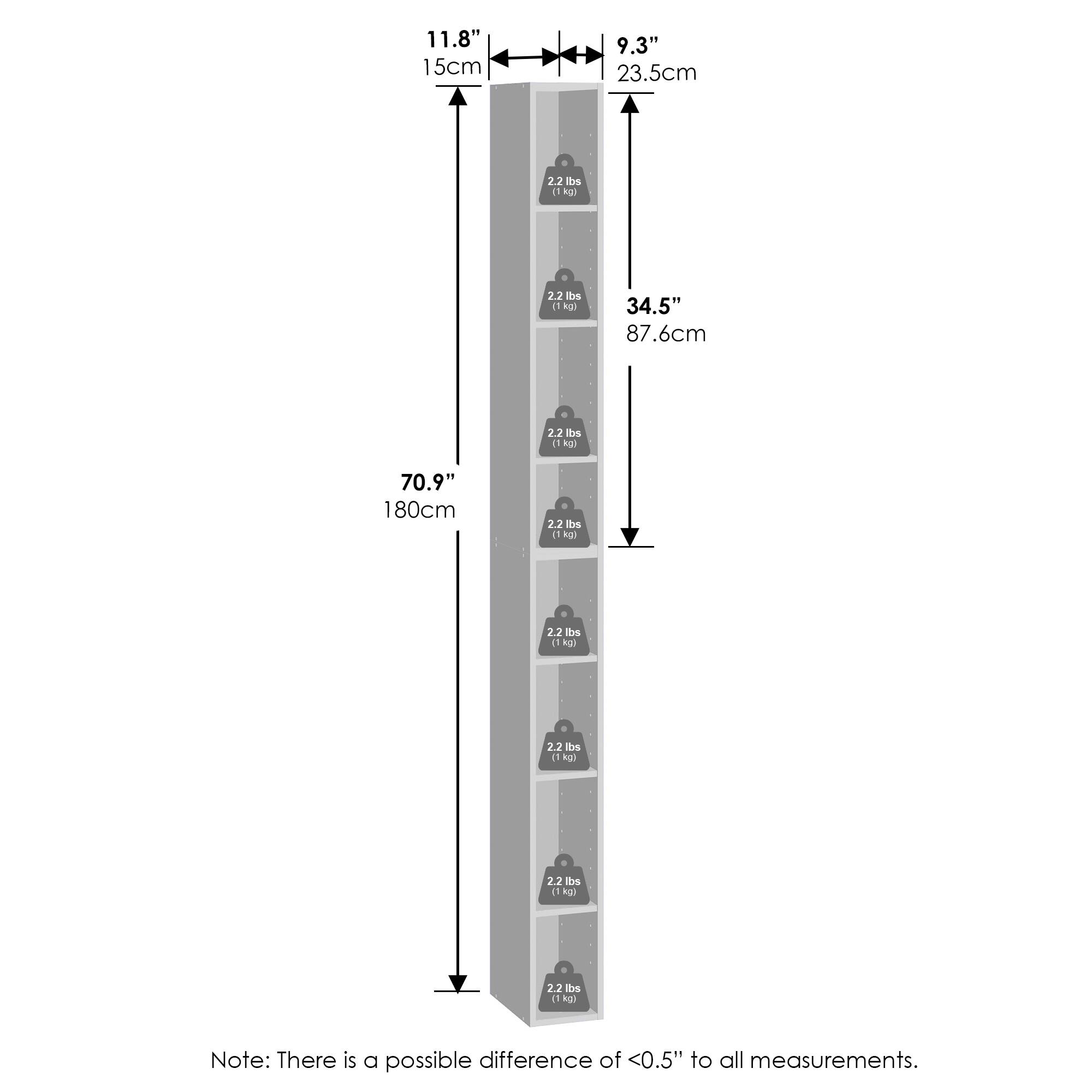 11.8" 15cm  
9.3" 23.5cm  
34.5" 87.6cm  
70.9" 180cm  

2.2 lbs 1 kg  
2.2 lbs 1 kg  
2.2 lbs 1 kg  
2.2 lbs 1 kg  
2.2 lbs 1 kg  

Note: There is a possible difference of <0.5" to all measurements.