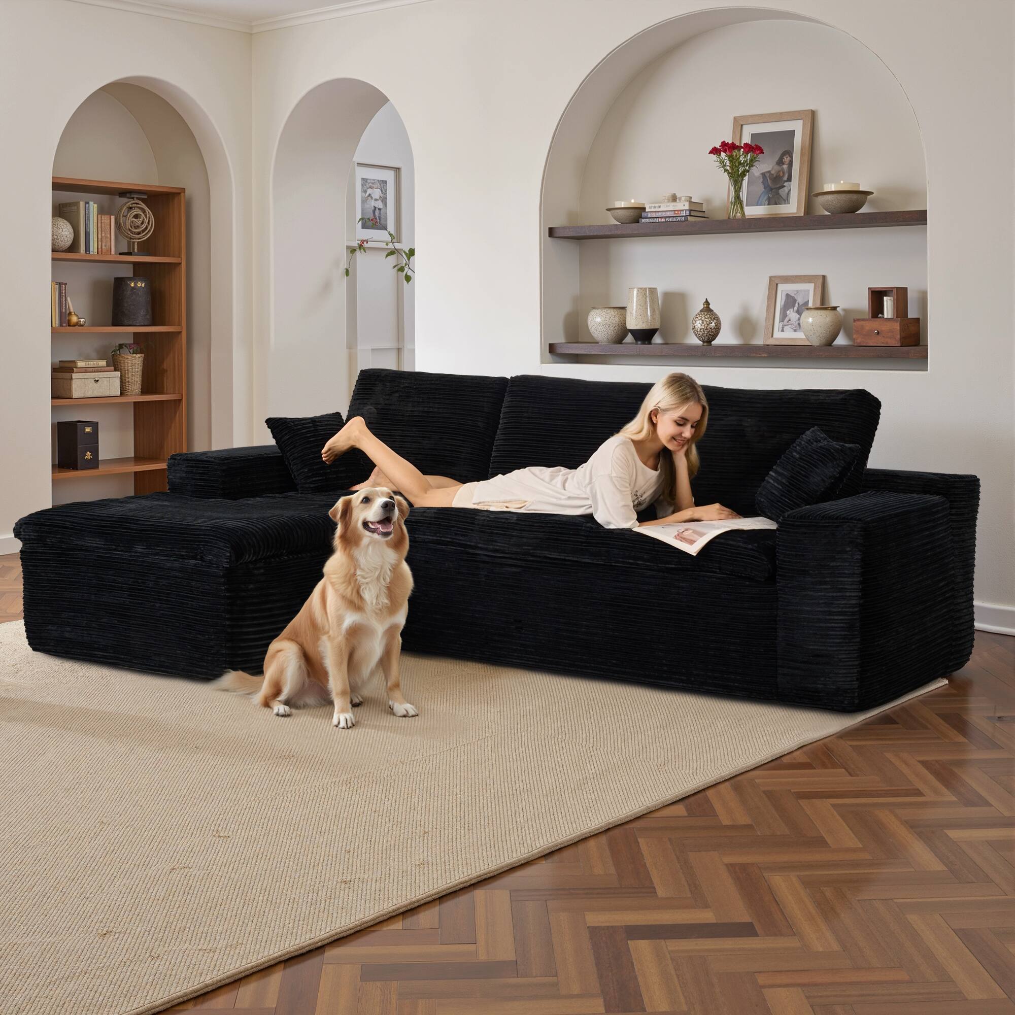 Alt View 2. Ovios - 2 Pieces Cloud Like Sectional Sofa, L-Shaped Couch with Chaise for Living Room - Black(Corduroy, Left Facing).