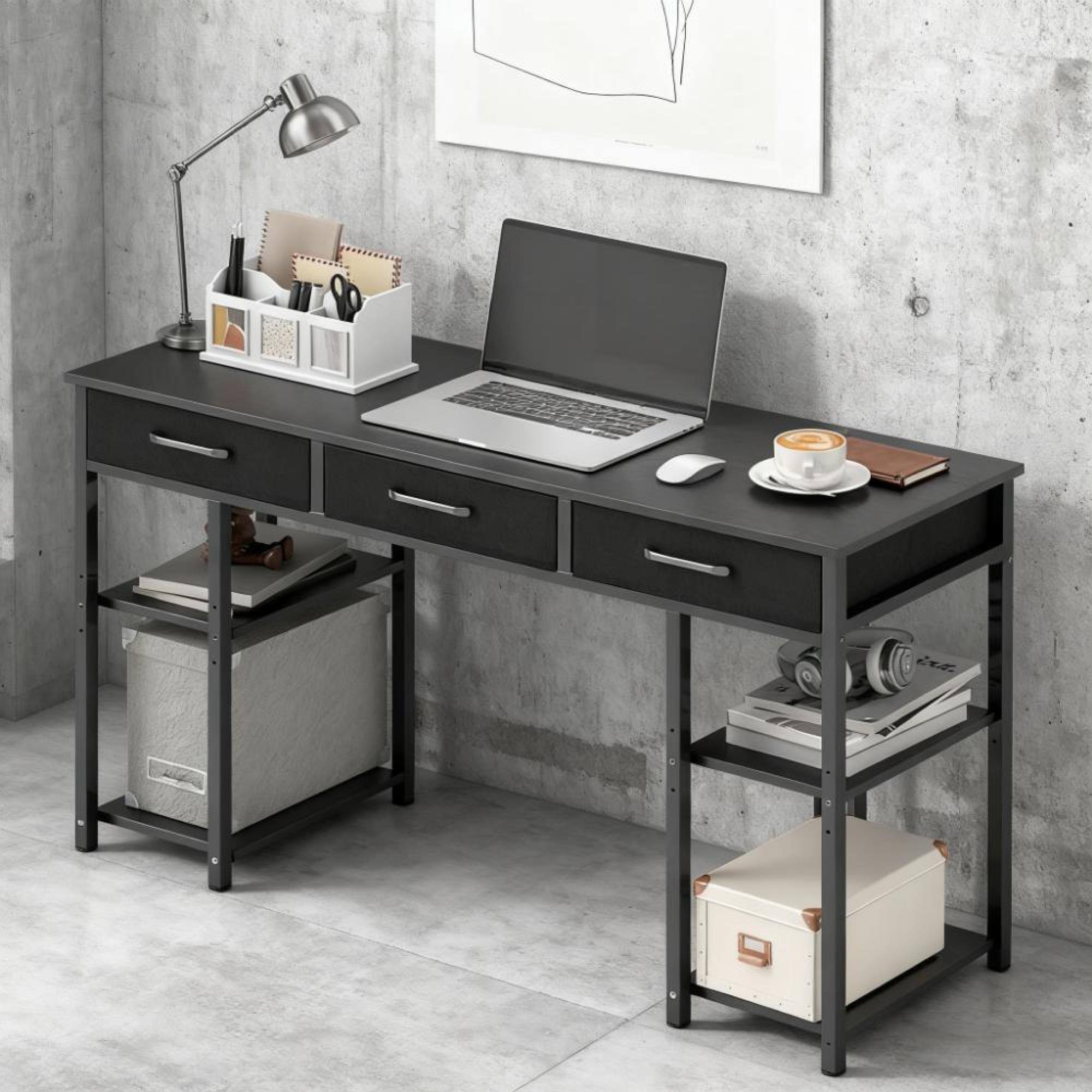 Back. GOODSILO - Compact Home Office Writing Desk with Fabric Drawers and Adjustable Storage Shelves for Small Spaces - Black.