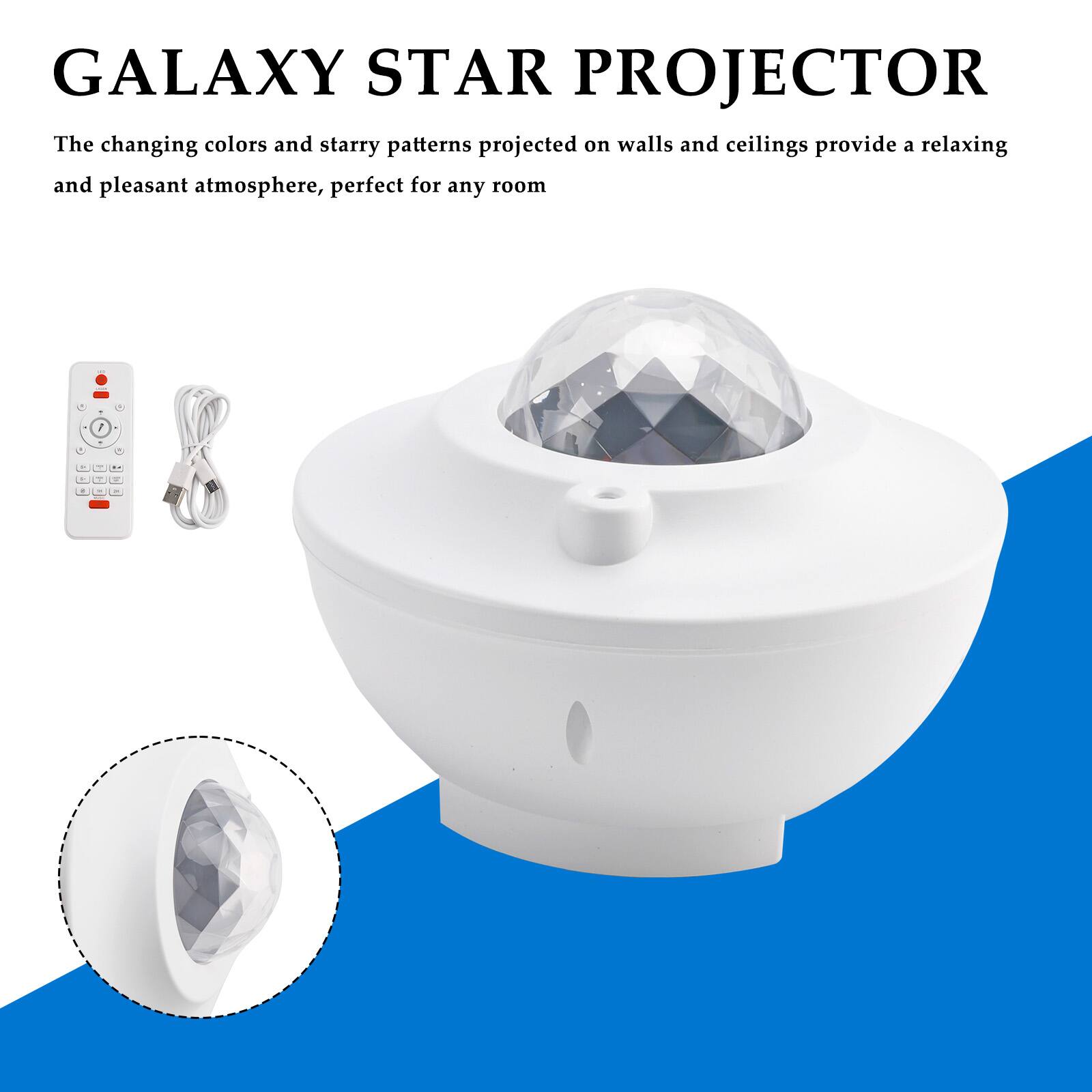 GALAXY STAR PROJECTOR

The changing colors and starry patterns projected on walls and ceilings provide a relaxing and pleasant atmosphere, perfect for any room