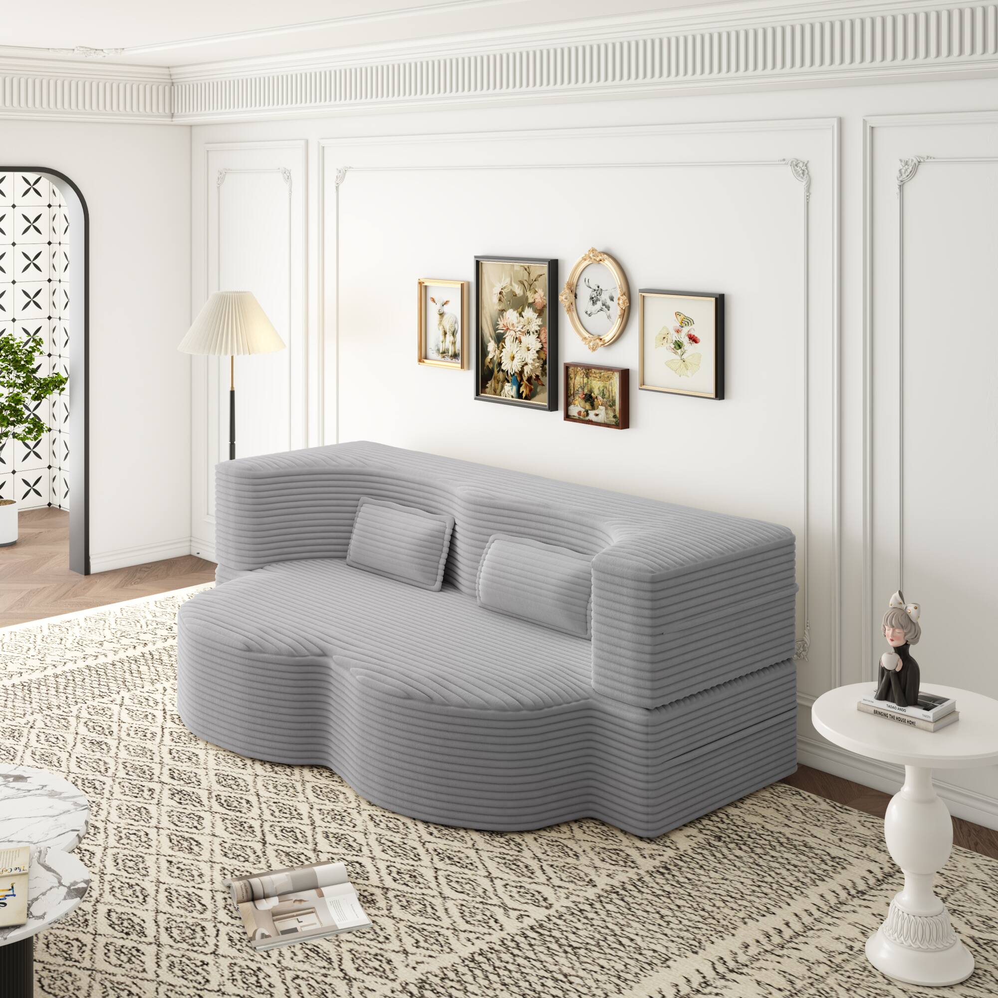 Back. GOODSILO - Convertible Plush Corduroy Floor Sleeper Sofa with Dual Pillows for Living Room and Guest Use - Light Grey.