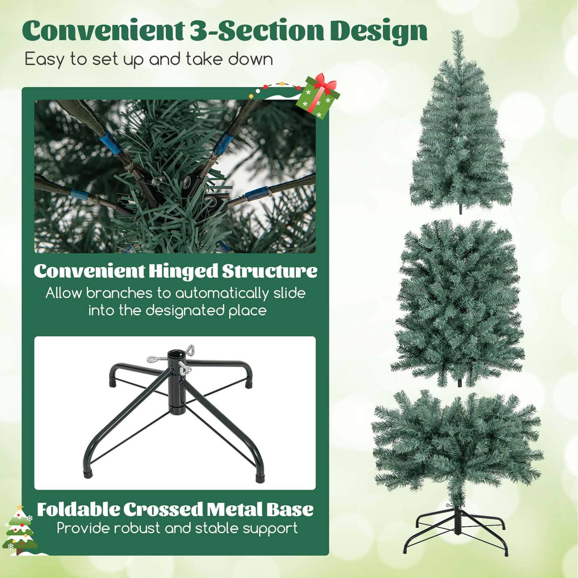 Convenient 3-Section Design: Easy to set up and take down.

Convenient Hinged Structure: Allow branches to automatically slide into the designated place.

Foldable Crossed Metal Base: Provide robust and stable support.