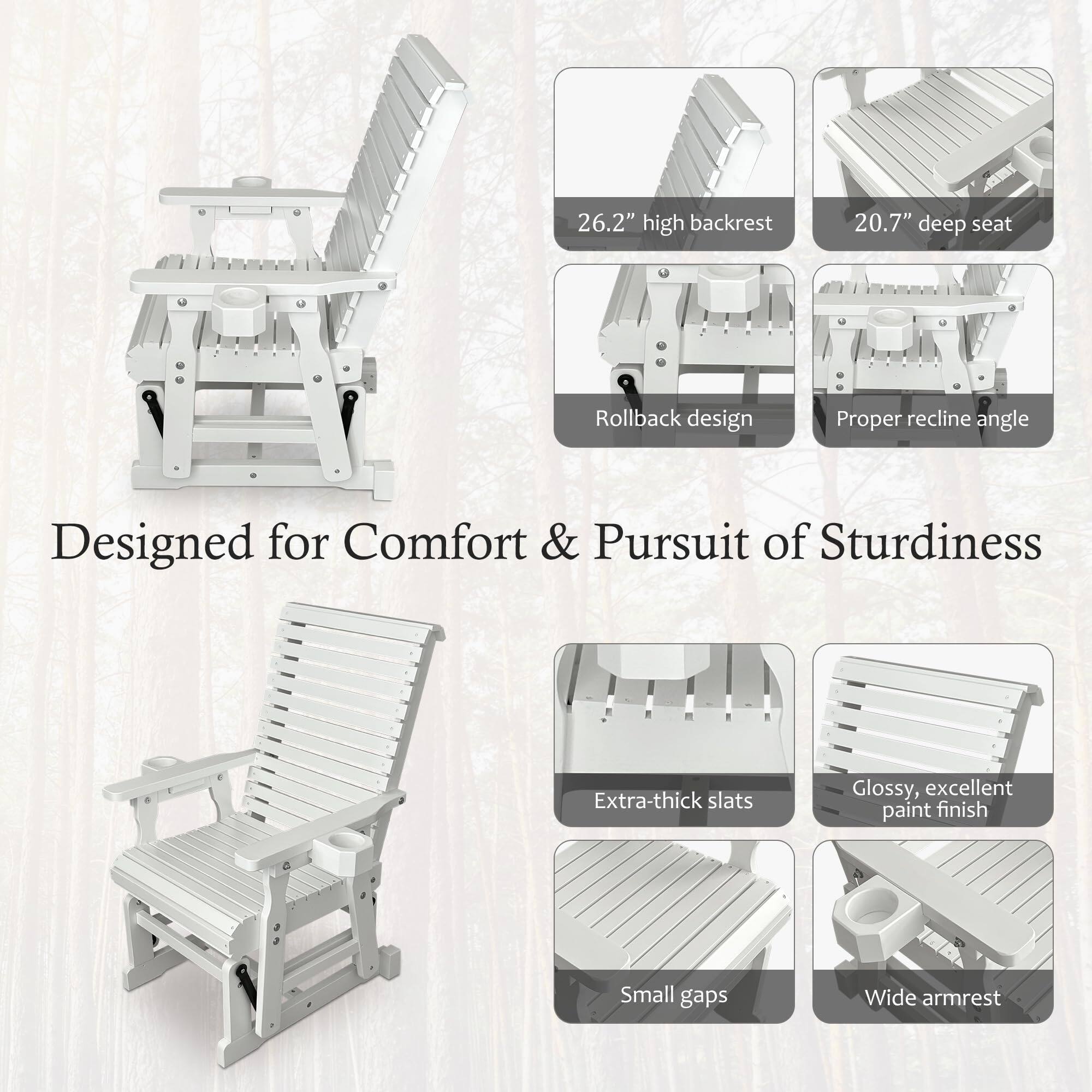 26.2" high backrest  
20.7" deep seat  
Rollback design  
Proper recline angle  
Extra-thick slats  
Glossy, excellent paint finish  
Small gaps  
Wide armrest  

Designed for Comfort & Pursuit of Sturdiness