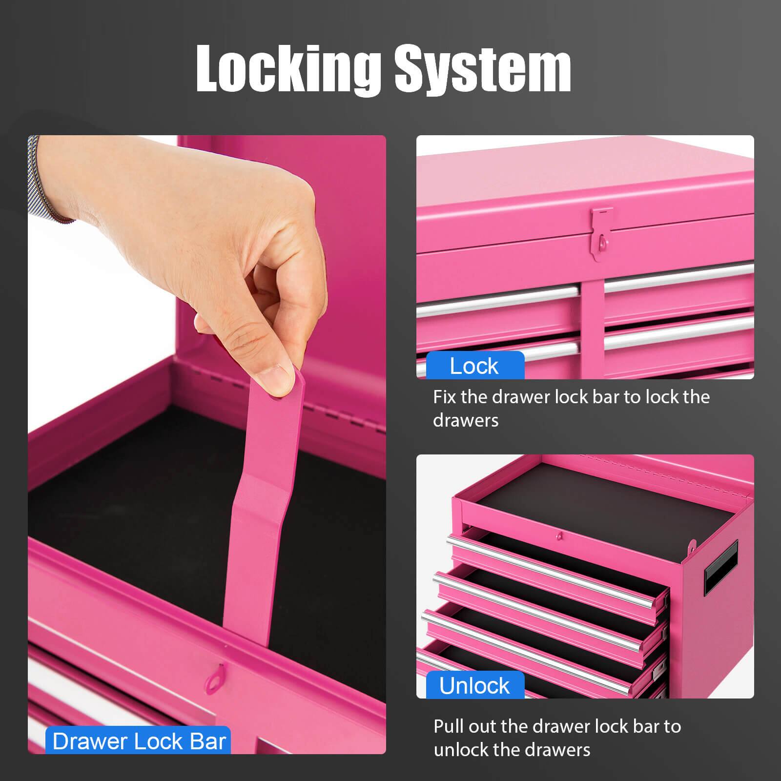 Locking System

Lock
Fix the drawer lock bar to lock the drawers

Unlock
Pull out the drawer lock bar to unlock the drawers

Drawer Lock Bar