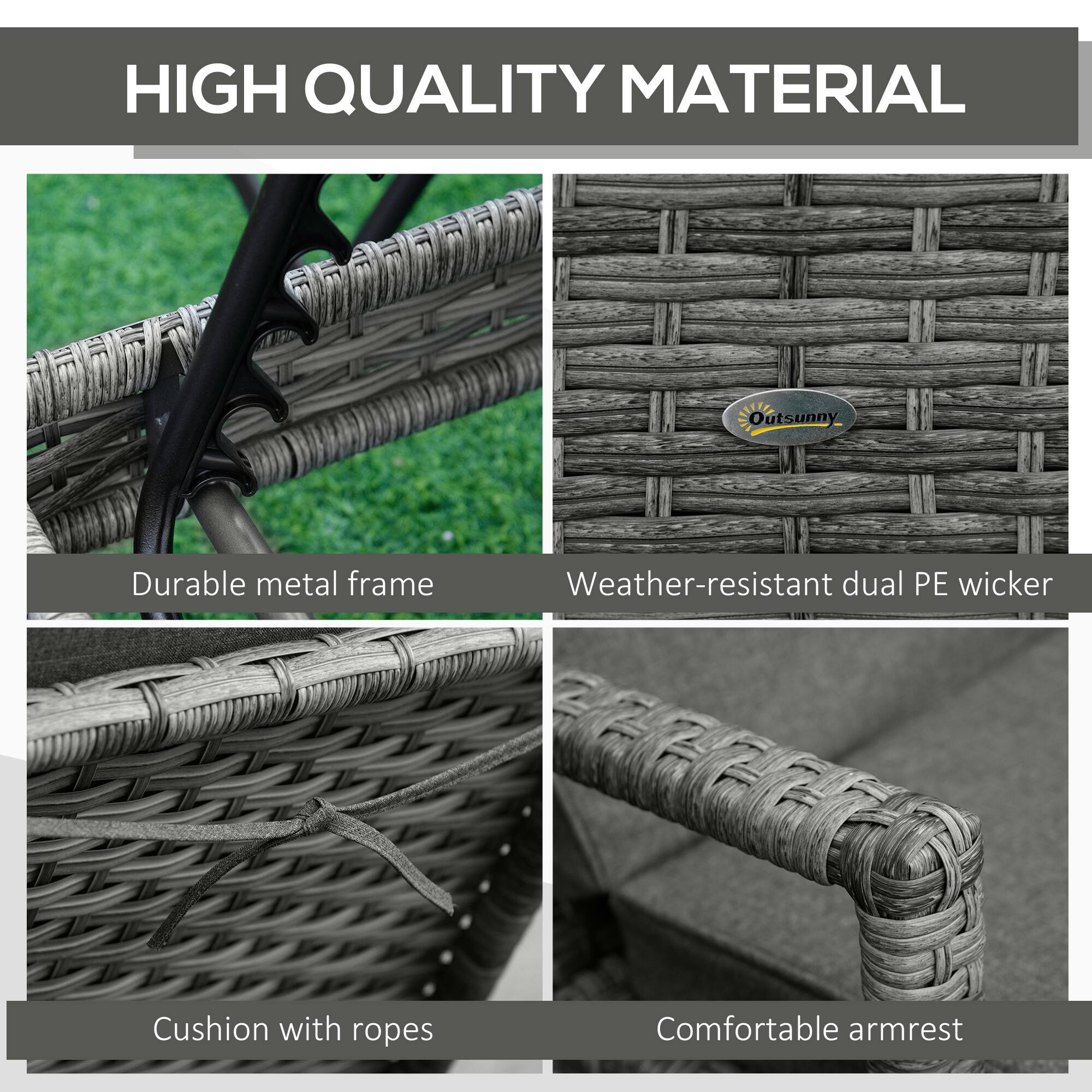 HIGH QUALITY MATERIAL

Outsunny
Durable metal frame
Weather-resistant dual PE wicker
Cushion with ropes
Comfortable armrest