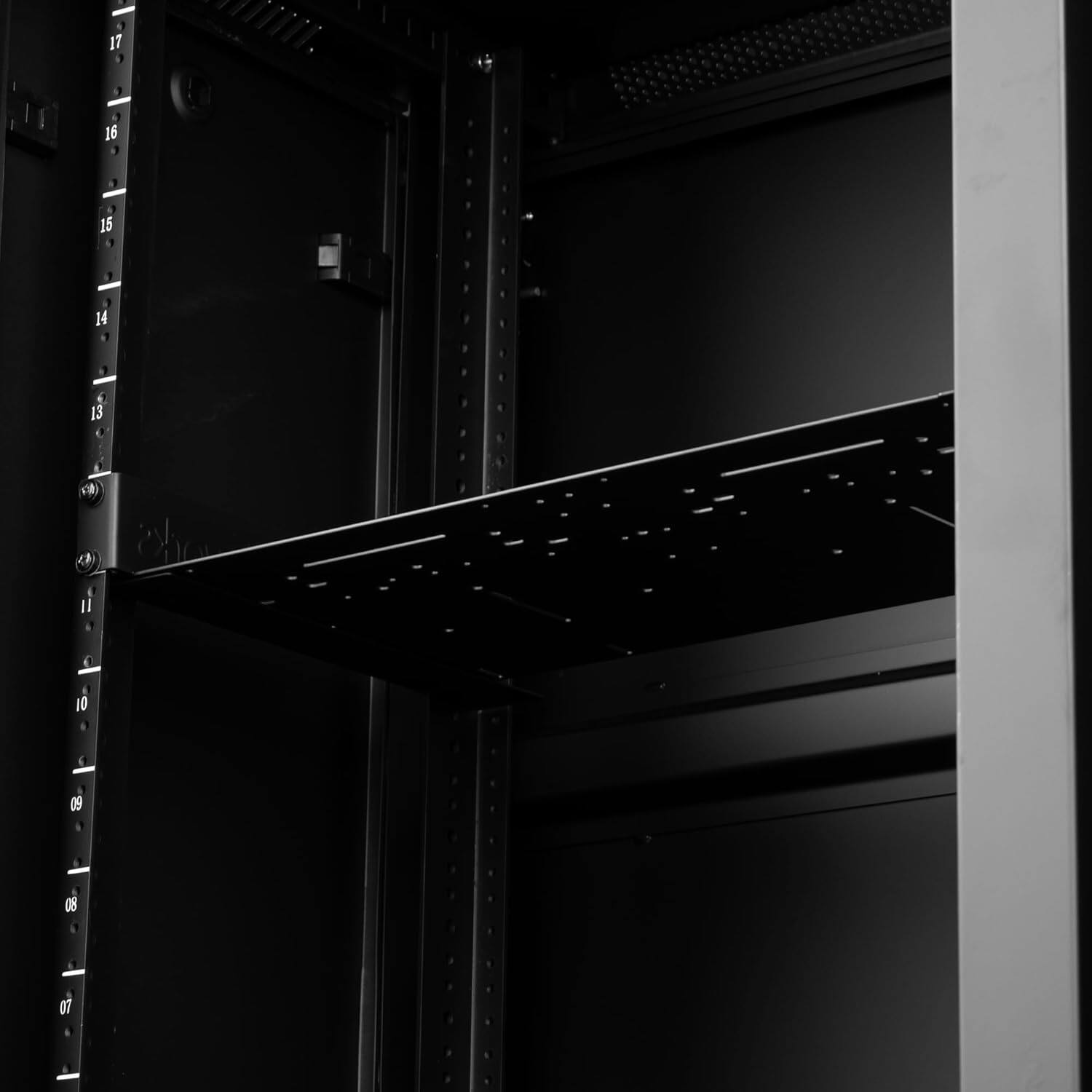 Back. Gator - 1U Universal Rack Shelf, 10" Deep, 16-Gauge Steel with Multi-Point Mounting Pattern, 44 lbs. Capacity.