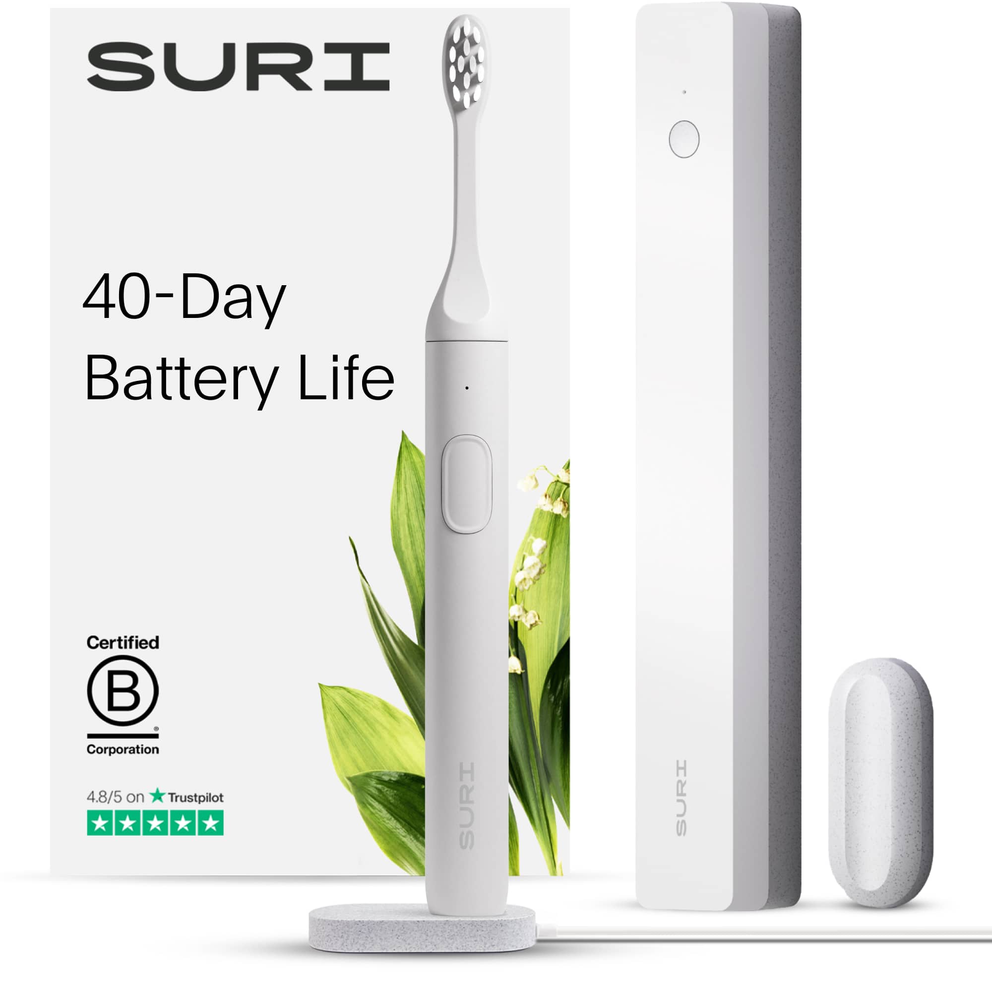 SURI - Sea Mist Brush with UV Light Cleaning and Charging Case and Mirror Mount - White