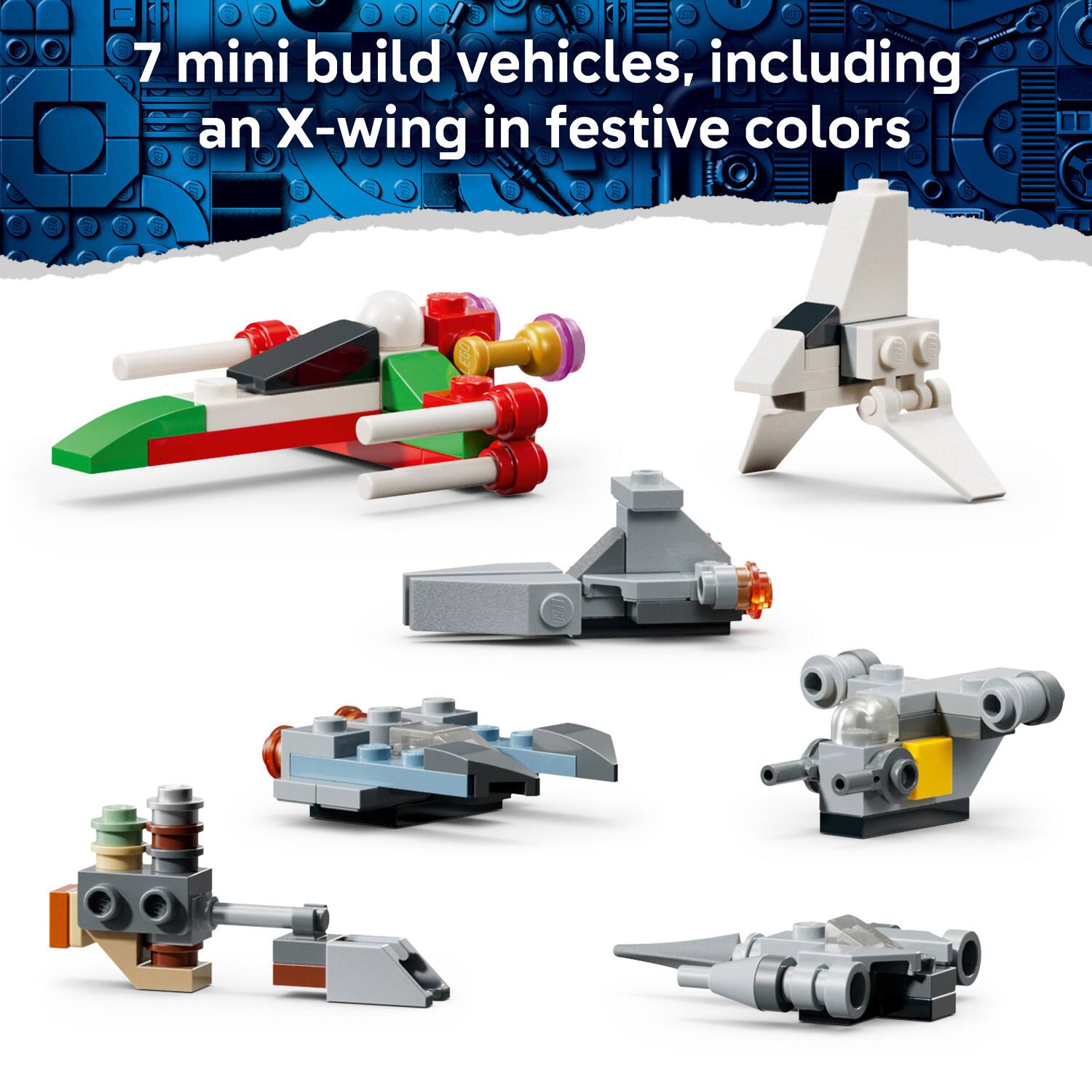 7 mini build vehicles, including an X-wing in festive colors
