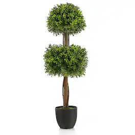 Gymax - 40'' Artificial Boxwood Topiary Ball Tree Faux Plant Fake Plant for Decoration - Green, Black