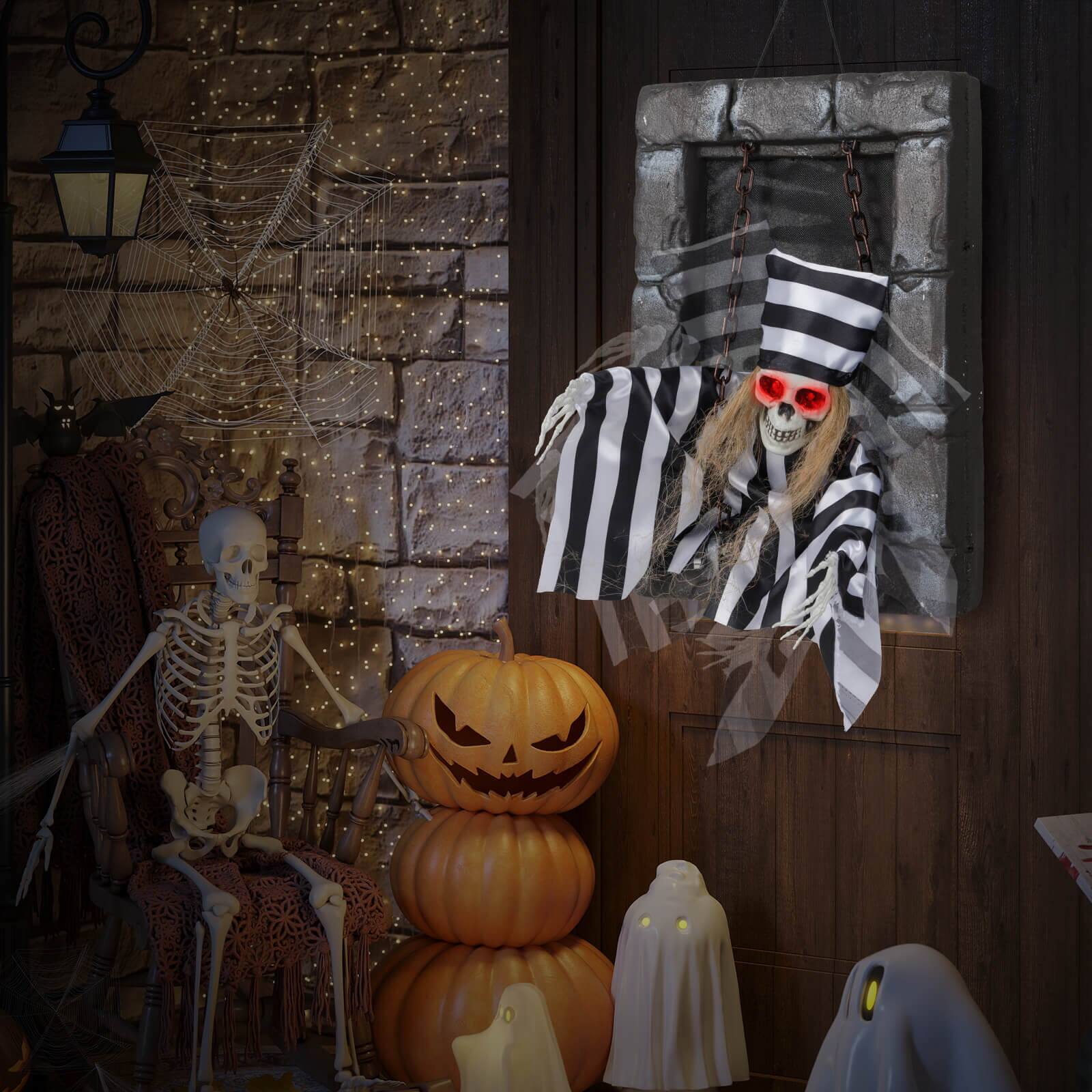 Alt View 5. Costway - Costway Animated Halloween Decoration 18” Hanging Skull Prisoner with Light-up Eyes - Black,White.