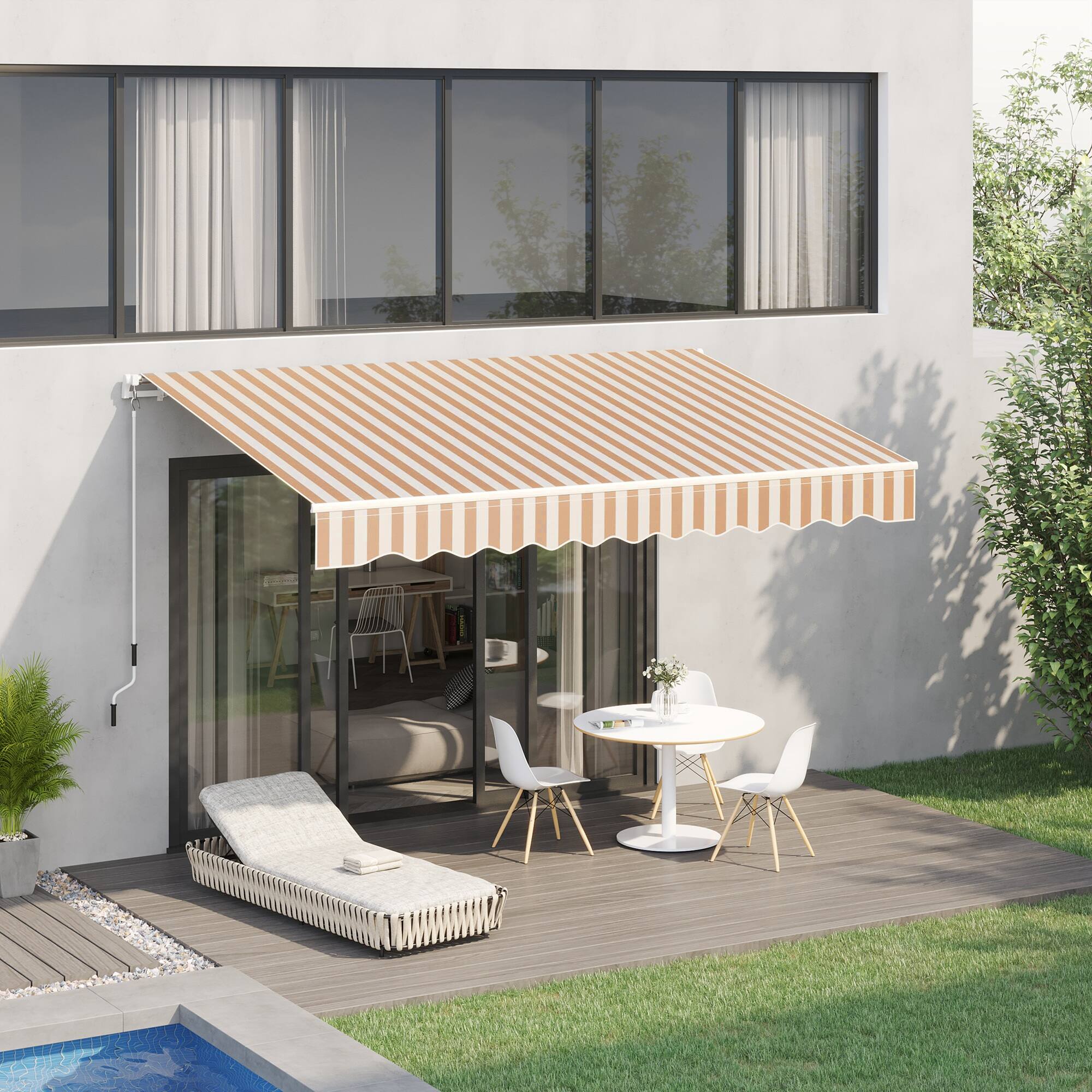 Alt View 1. Outsunny - 10' x 8' Retractable Awning, Patio Awnings, Sunshade Shelter w/ Manual Crank Handle, UV & Water-Resistant Fabric - Beige Stripes.
