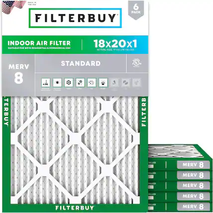 MADE IN THE USA
6 PACK FILTERBUY INDOOR AIR FILTER
SUITABLE FOR BOTH RESIDENTIAL & COMMERCIAL USE
18x20x1
ACTUAL SIZE: 17-1/2 x 19-1/2 x 3/4
MERV 8
STANDARD