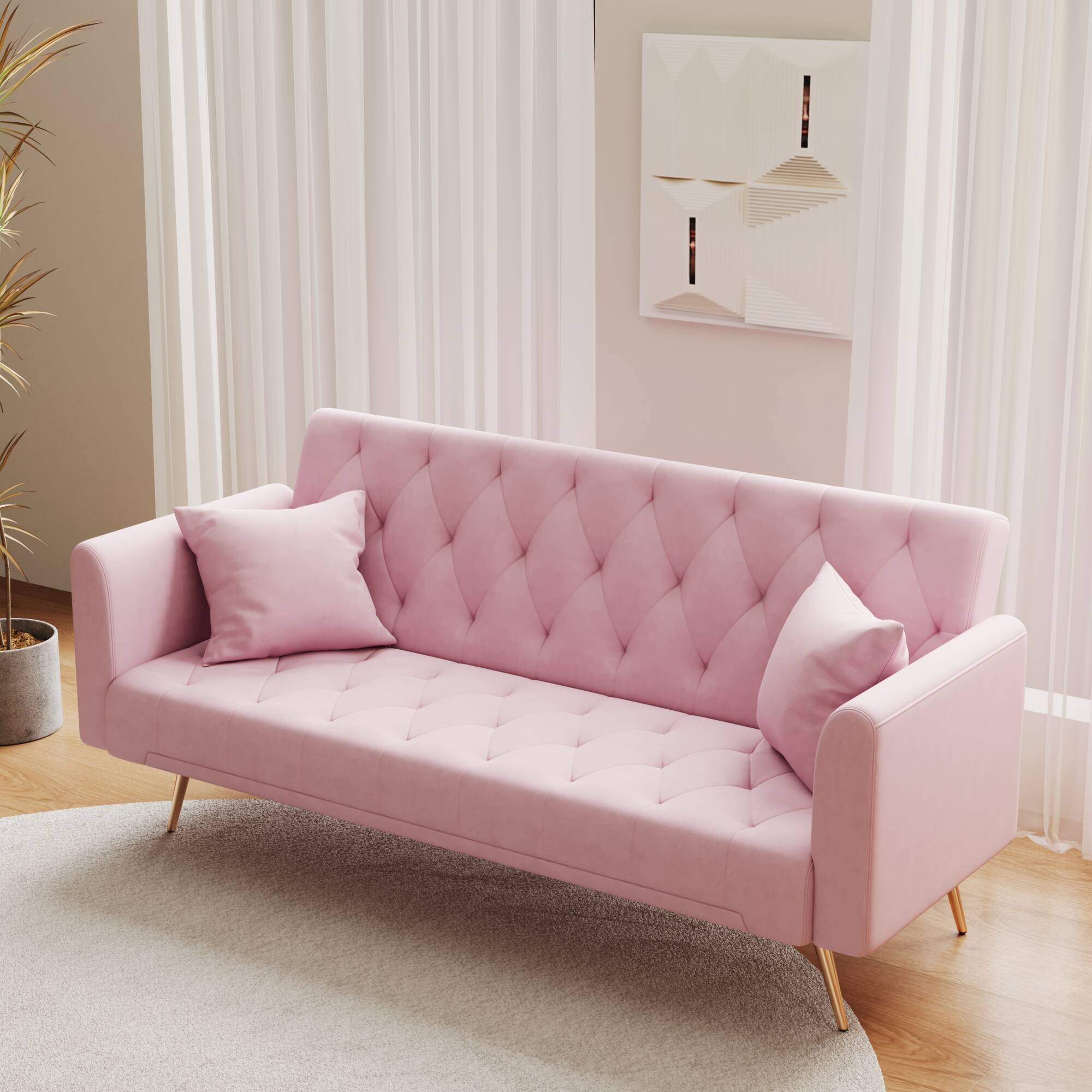 Alt View 2. GOODSILO - Convertible Velvet Sofa Bed with Adjustable Backrest for Small Spaces, Living Room and Office Use - Pink.