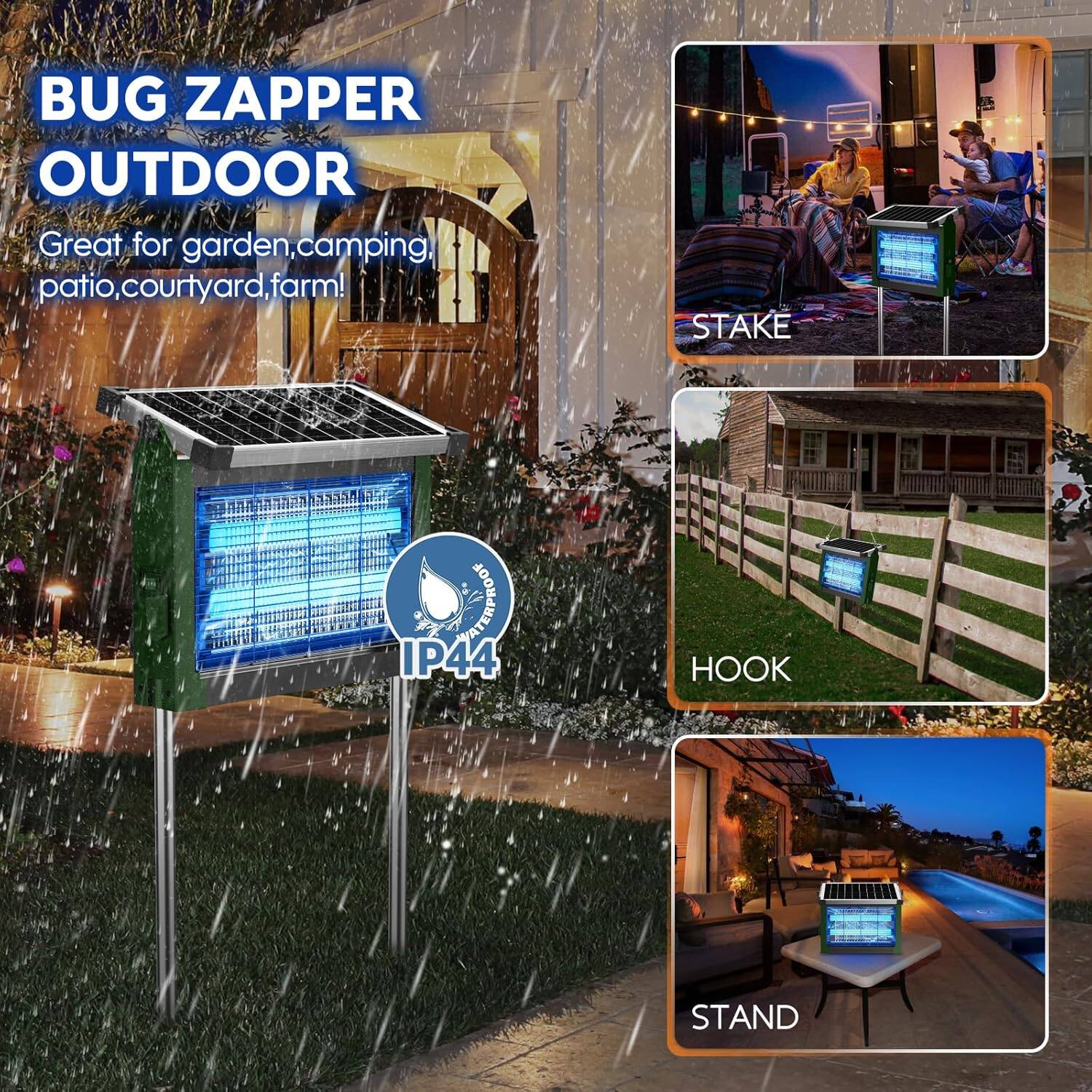 BUG ZAPPER OUTDOOR  
Great for garden, camping, patio, courtyard, farm!  

IP44 WATERPROOF  

STAKE  
HOOK  
STAND