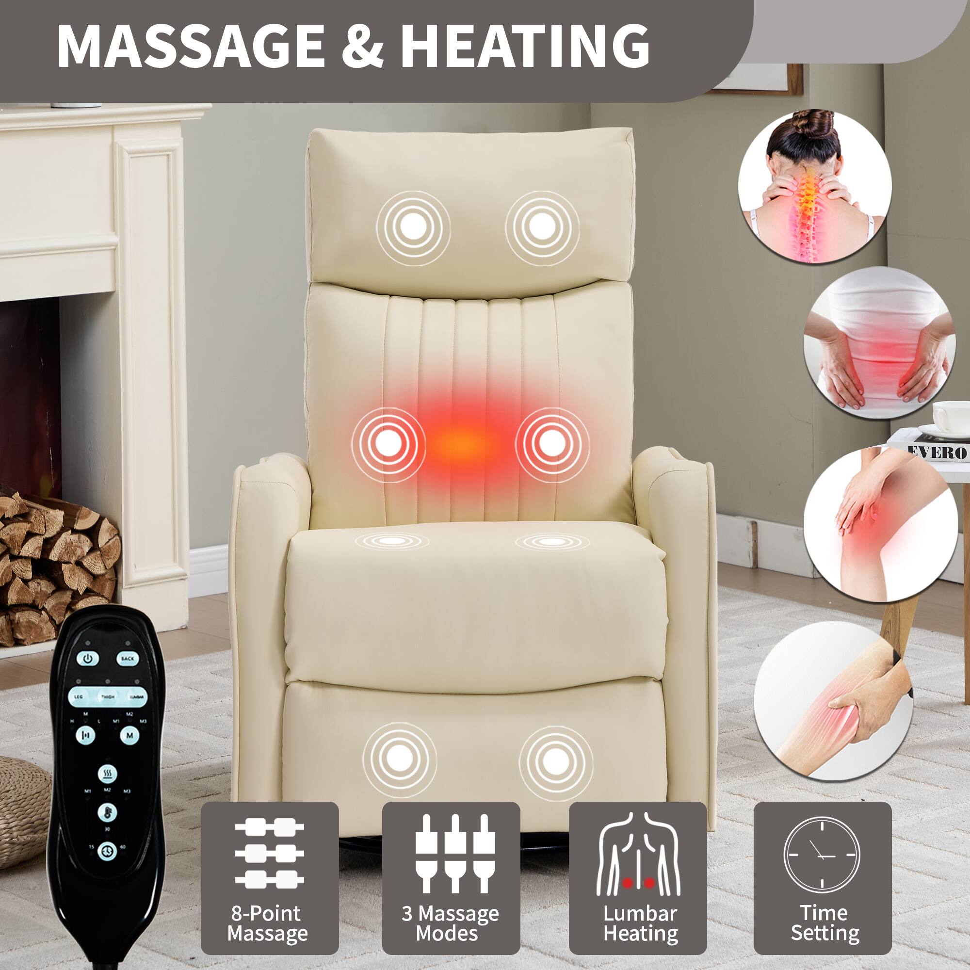 MASSAGE & HEATING

- 8-Point Massage
- 3 Massage Modes
- Lumbar Heating
- Time Setting