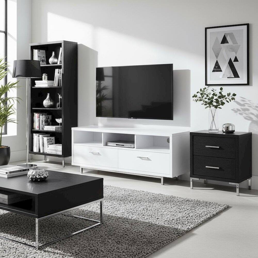 Alt View 1. FurniFact - Modern White TV Stand 60 Inch, Engineered Wood, Two Drawers, Chrome Metal Base. - Black.