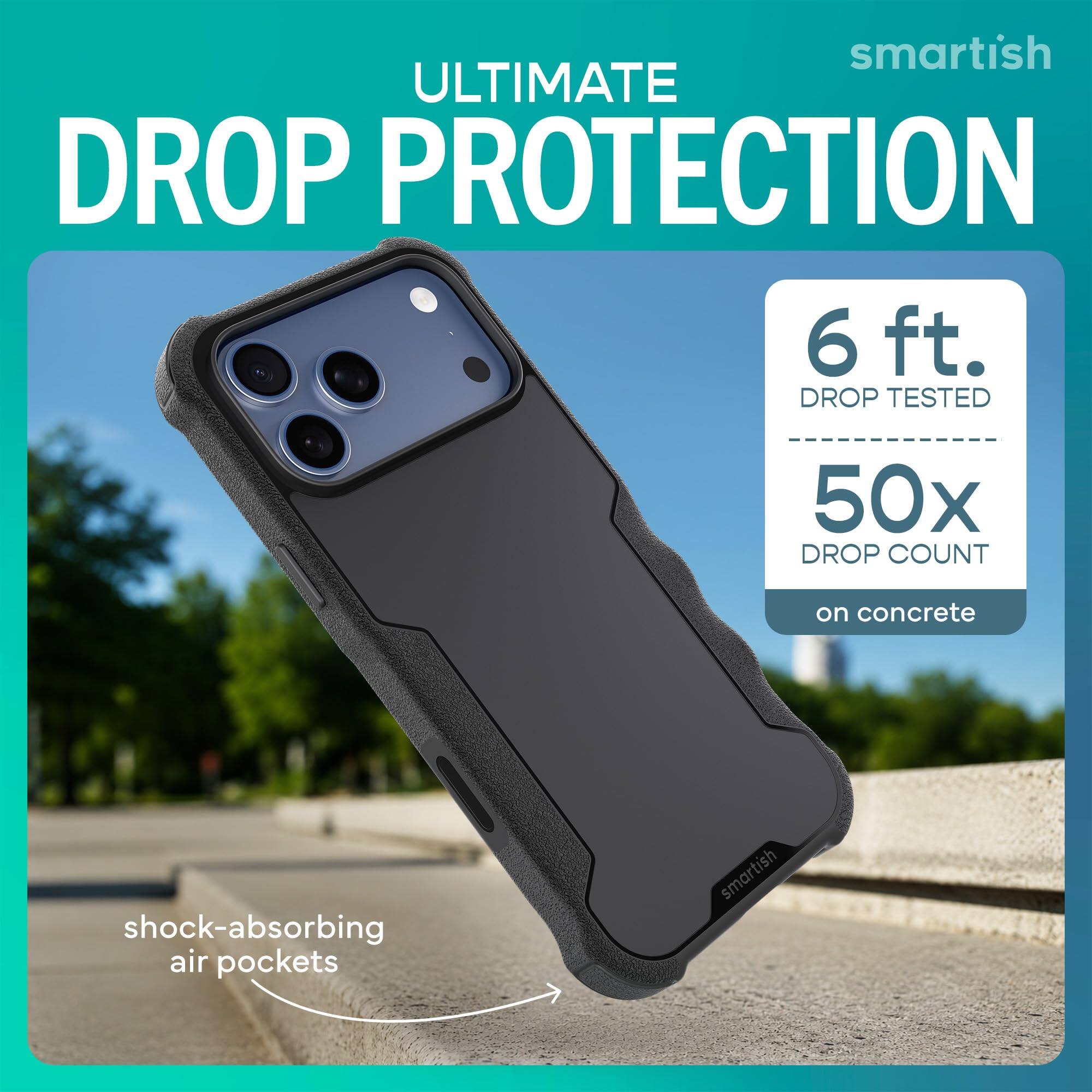 smartish ULTIMATE DROP PROTECTION  
6 ft. DROP TESTED  
50x DROP COUNT  
on concrete  
shock-absorbing air pockets  
smartish