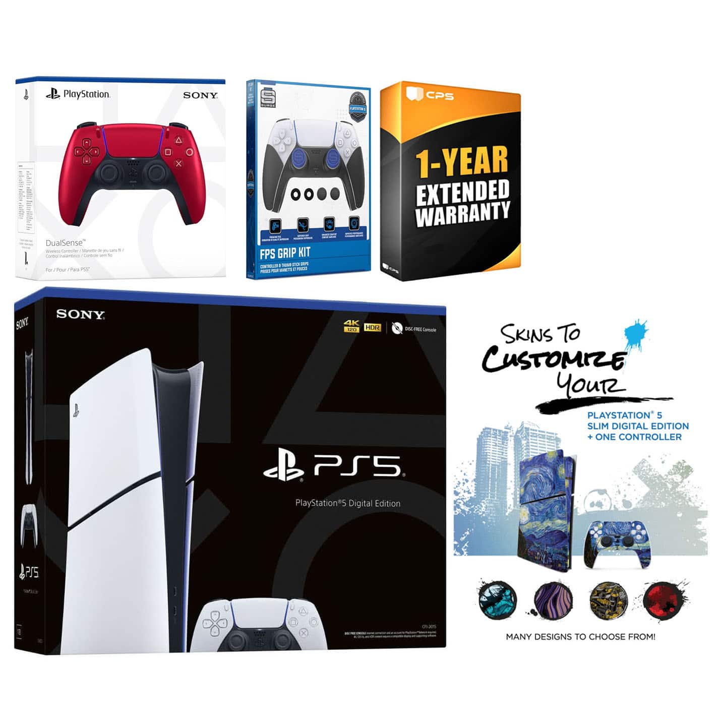 Playstation 5 Slim Digital with Extra Controller, FPS Grip Kit and MightySkins Decal Voucher + 1 Year - PlayStation 5