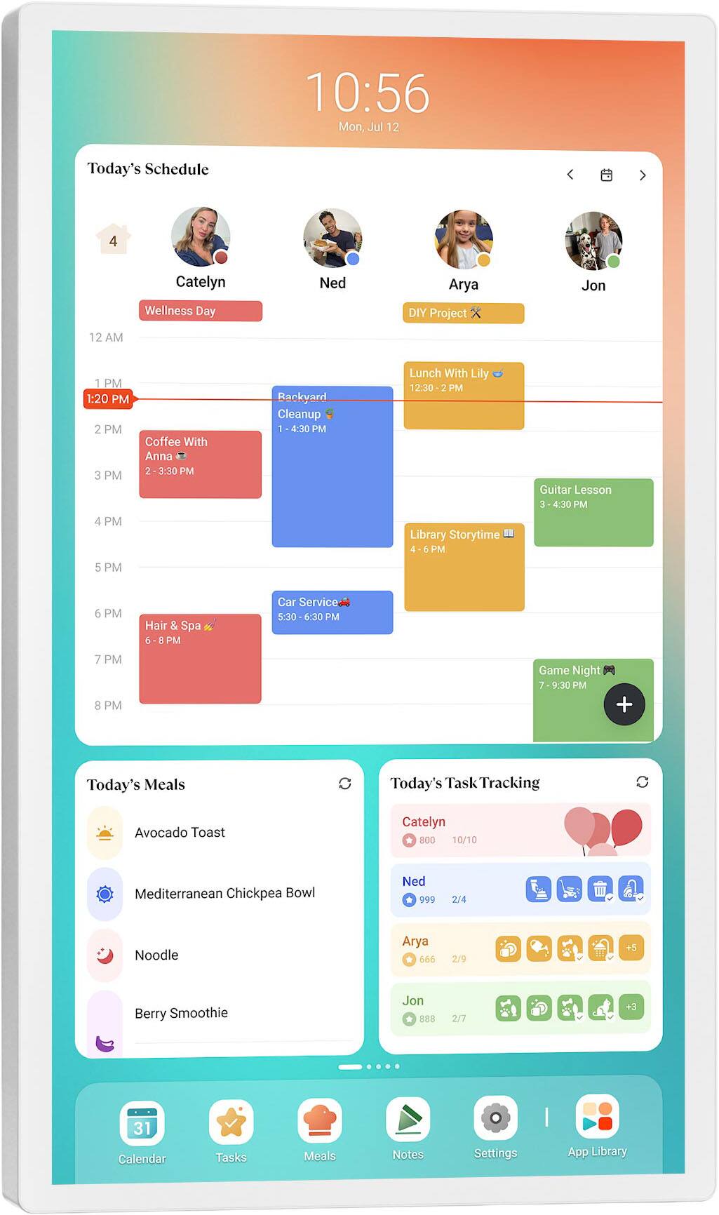 10:56 Mon Jul 12

Today's Schedule:
- 1 PM: Catelyn - Wellness Day
- 12:00 PM: Ned - DIY Project
- 2 PM: Coffee with Anna
- 4 PM: Pack and Cleanup
- 5 PM: Library Storytime
- 6 PM: Hair & Spa
- 7 PM: Game Night
- 8 PM: Cama Night

Today's Meals:
- Avocado Toast
- Mediterranean Chickpea Bowl
- Noodle
- Berry Smoothie

Today's Task Tracking:
- Catelyn: 10/10
- Ned: 9/9
- Arya: 7/10
- Jon: 8/8

App Library