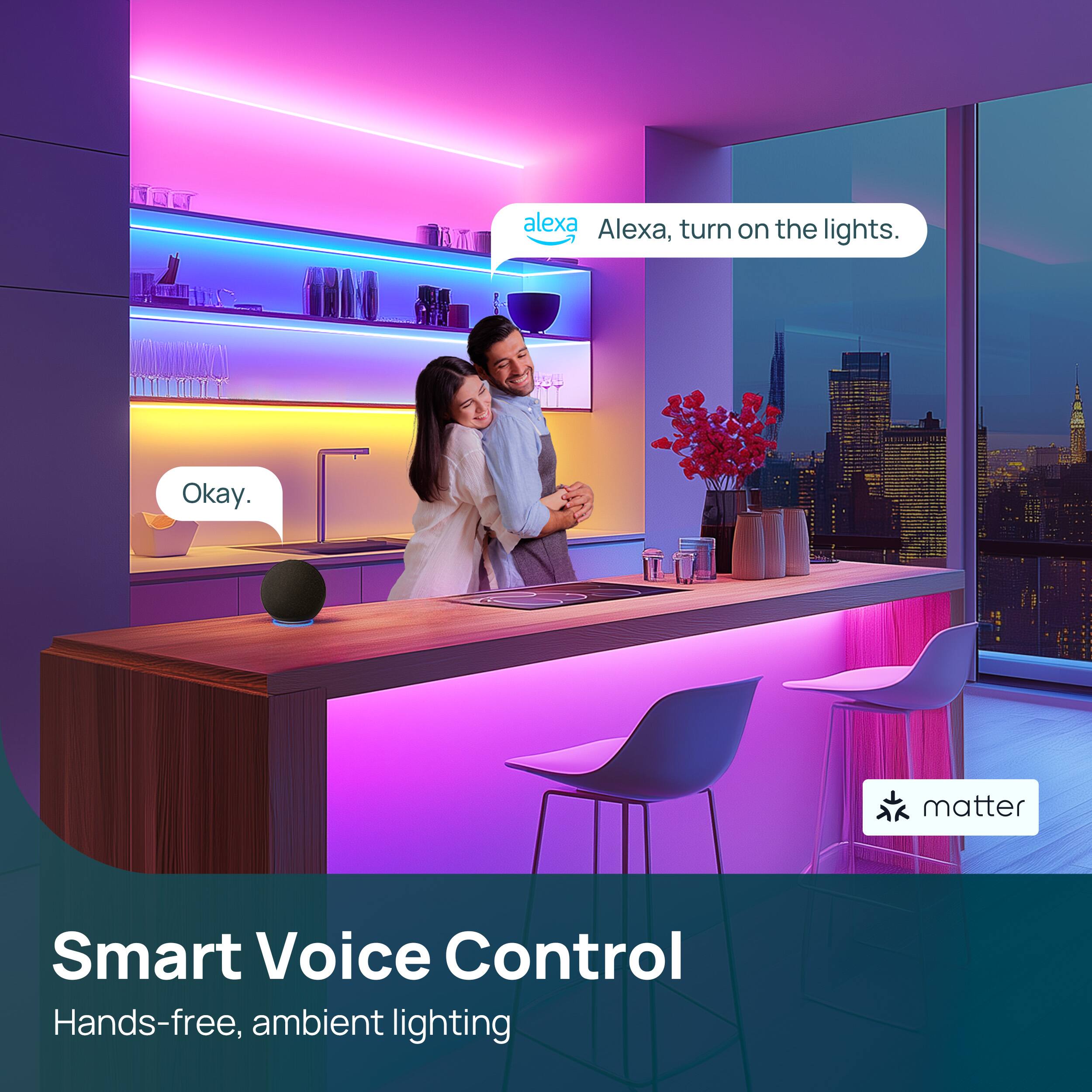 Alexa, turn on the lights.

Okay.

Smart Voice Control  
Hands-free, ambient lighting

matter