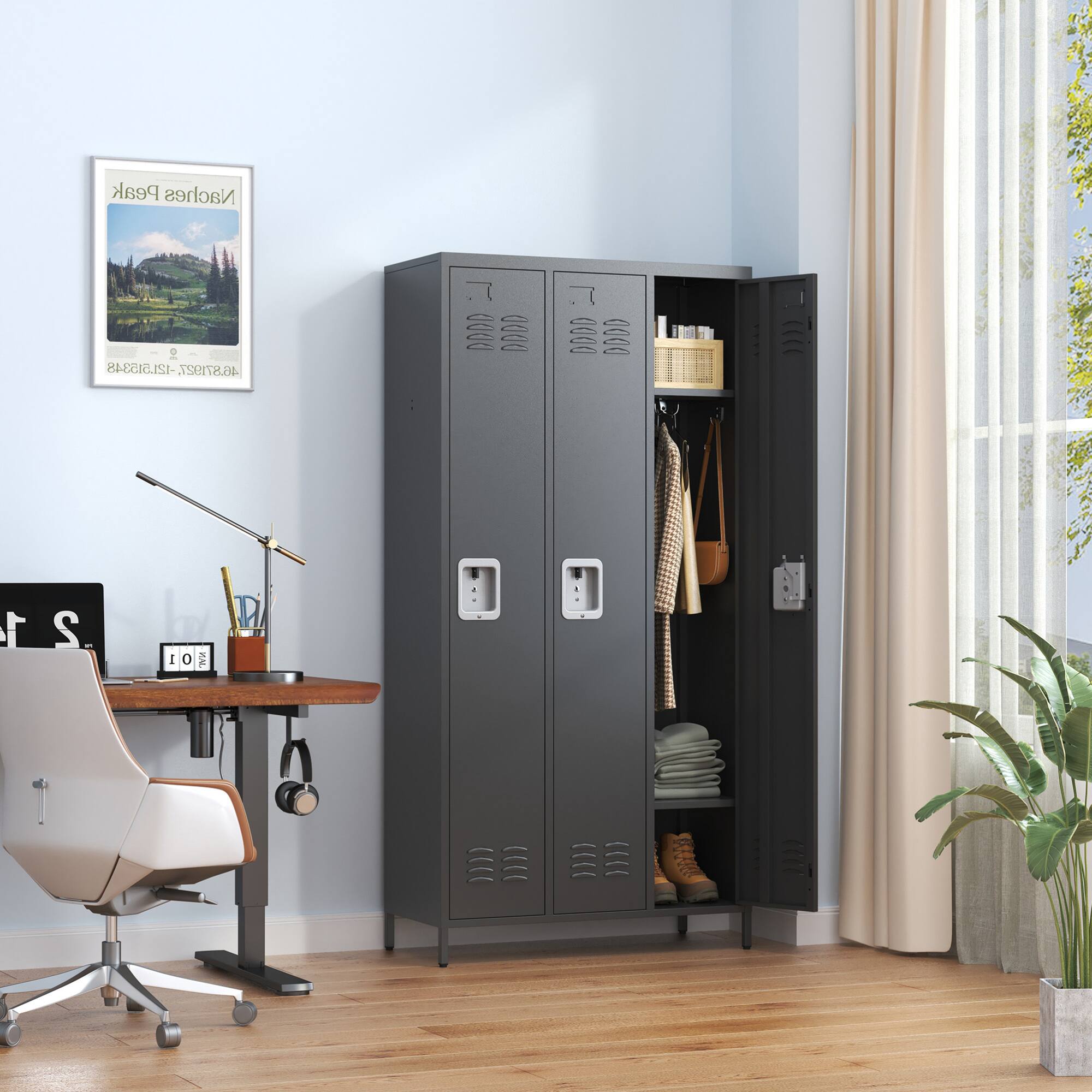 Alt View 5. GOODSILO - Three-Door Steel Storage Locker Cabinet for Secure Organization in Home Gym Office or Garage - Black.